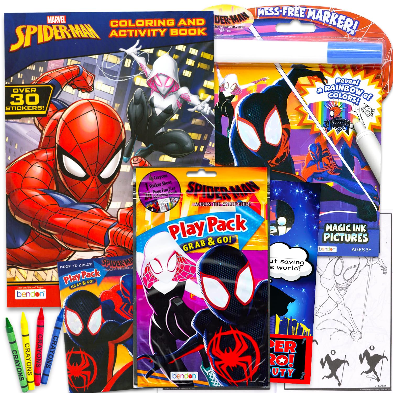 Marvel Spiderman Across The Spiderverse Coloring Book Set - 3 Pc Bundle With Spiderverse Coloring And Activity Book, Mess-Free Imagine Ink, Play Pack, More | Spiderman Spider Verse Coloring Book