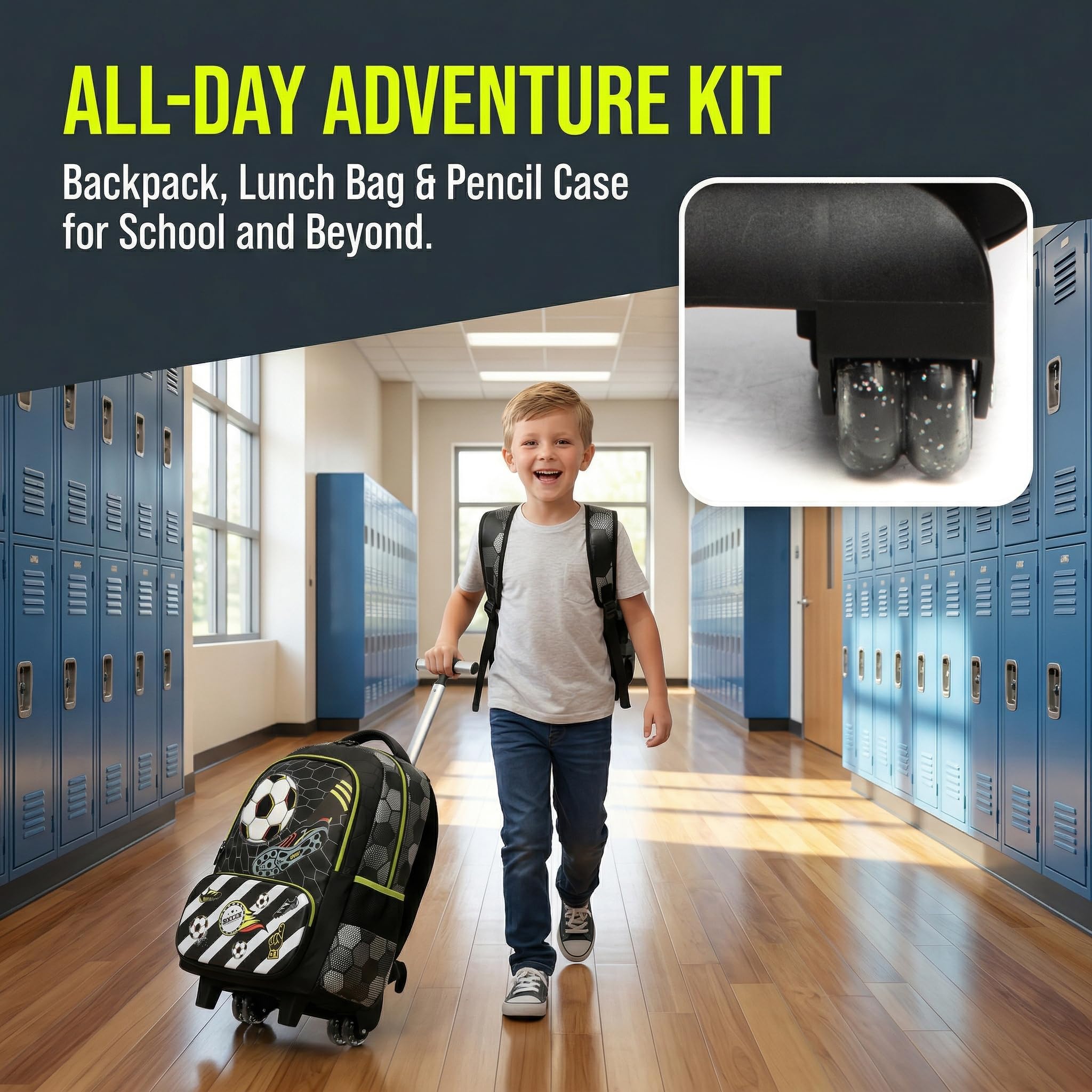 Kinder Rucksack mit Rollen für Jungen die Schule Fußball Koffer Schultrolley Komplett mit Lunchbag Federmäppchen Sätze Geeignet Grundschüler Jugendliche 4-10 Jahre Alt Schwarz