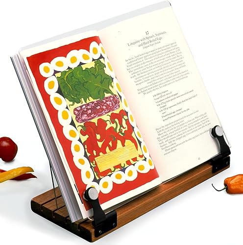 Soporte para libro de cocina original de lujo, escudo acrílico con base de madera y bisagras negras, fabricado en los Estados Unidos