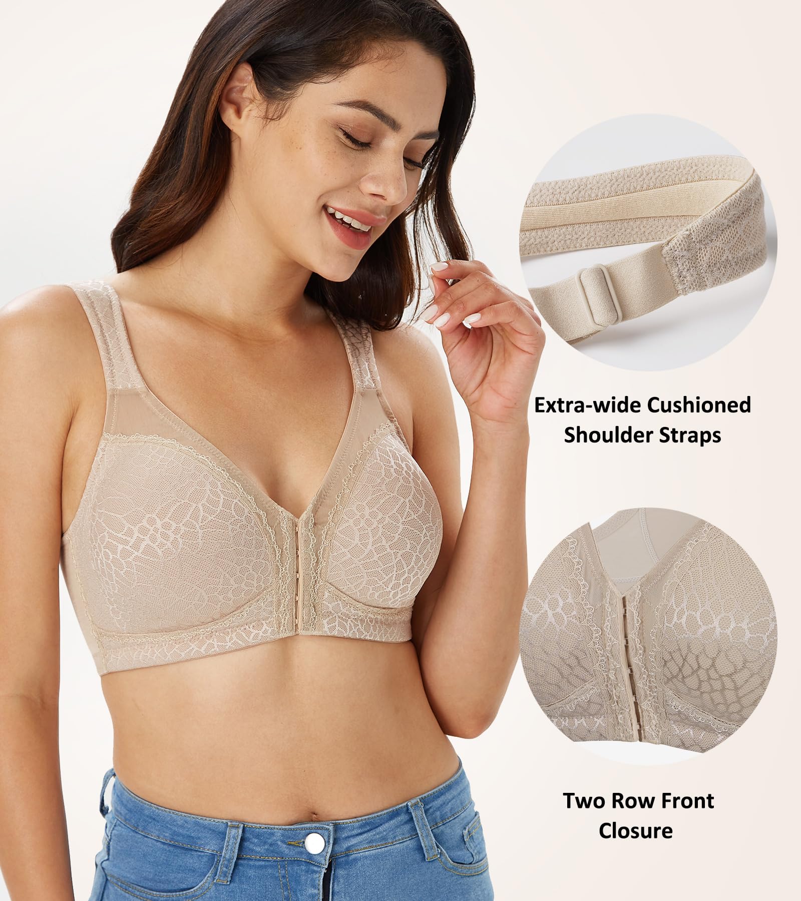 Lemorosy Reggiseno Minimizzatore Chiusura Anteriore Donna Comfort Forte Sostegno Posteriore X Non Imbottito Senza Ferretto