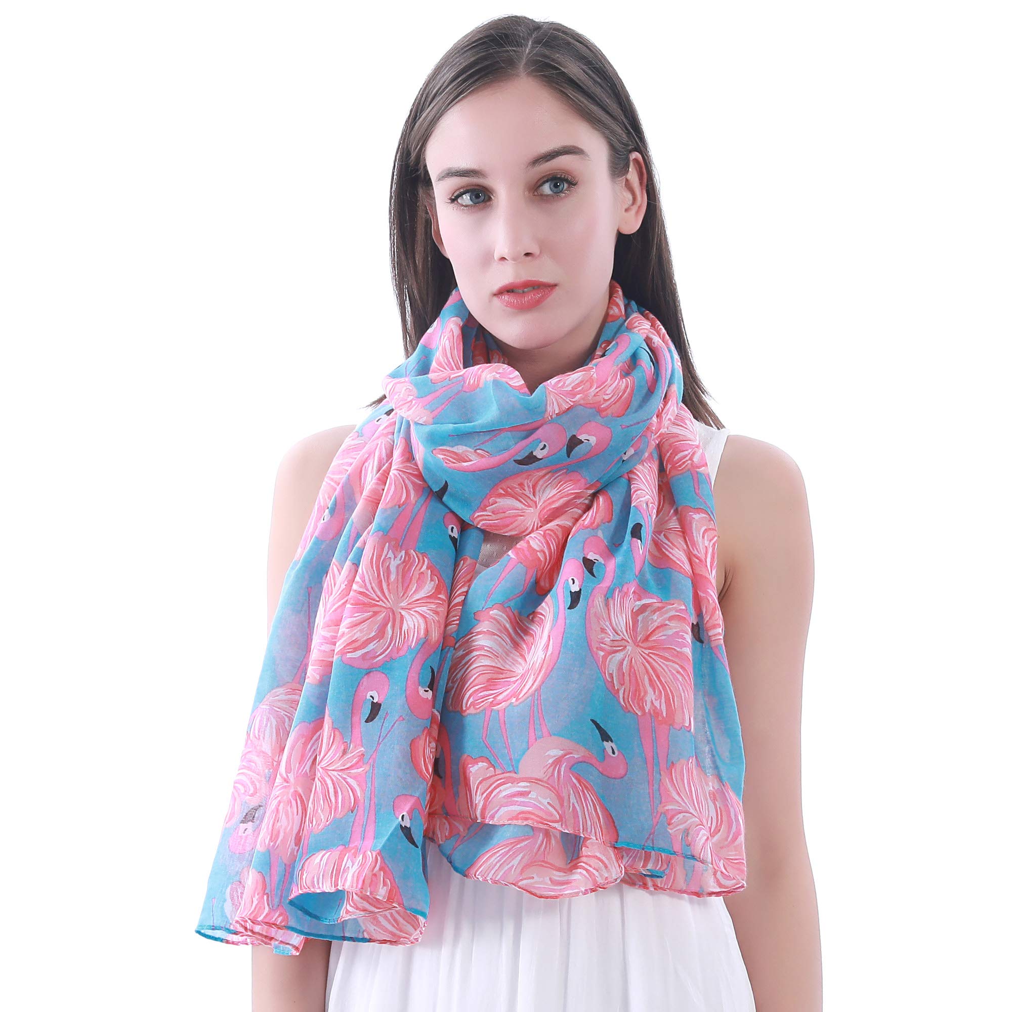 Lina & Lily Women's Sky Blue Flamingo Print Lightweight Scarf Shawl (Sky Blue)