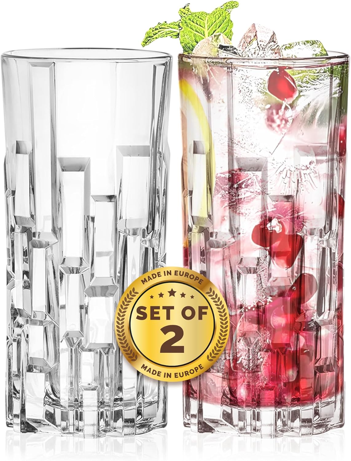 Barski Highball Glass - Drinking Glasses - Set of 2 Hiball Tumblers - Glass Crystal Tumbler - for Water, Juice, Beer, Mixed Cocktails, Mojito Glass, Tom Collins Bar Glassware, 11.6 oz, Made in Europe