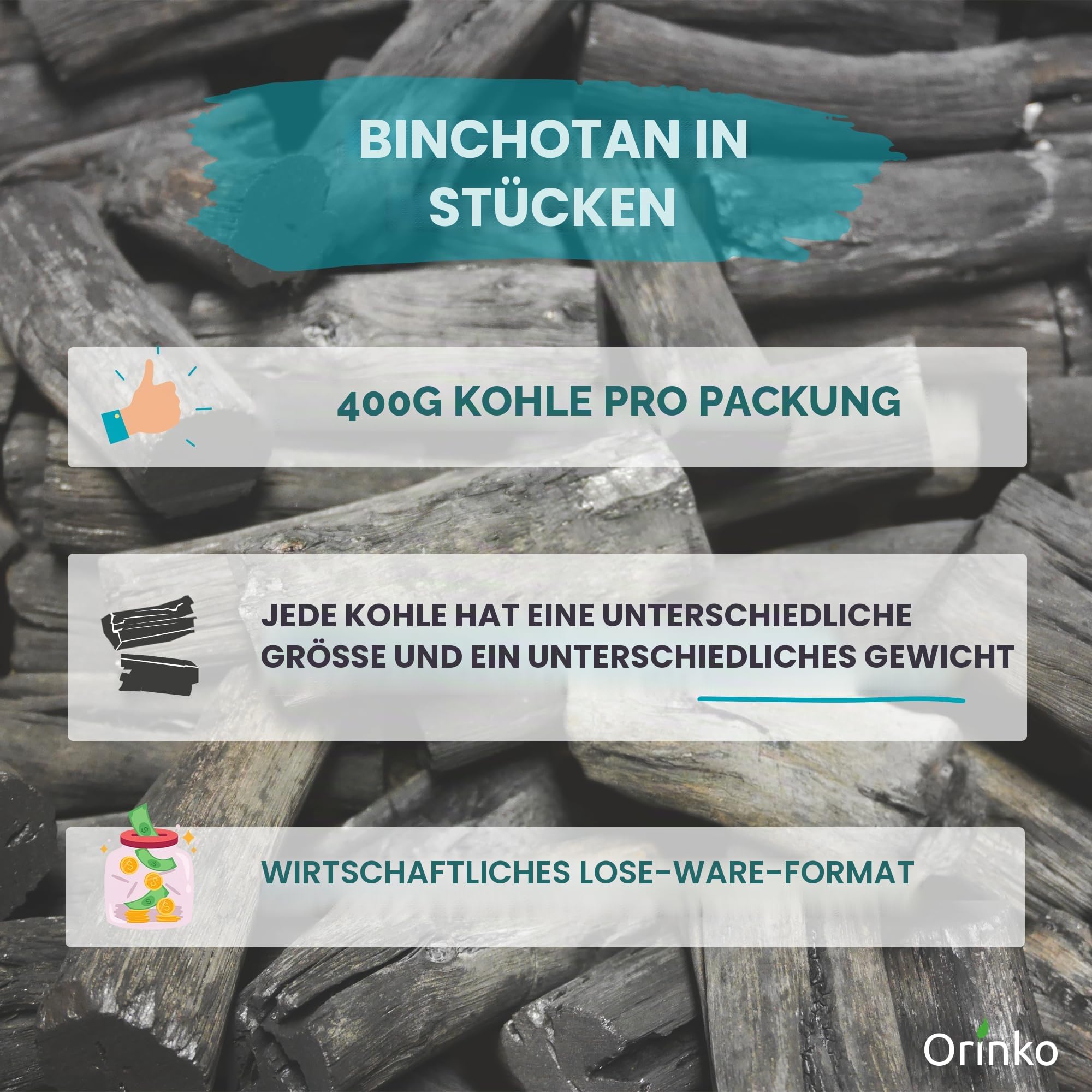 ORINKO Japanischer Kishu Binchotan Bio 400 g – Aktivkohlefilter Wasser aus Wakayama-Ubame-Eiche – Natürliche Wasserreinigung für Karaffen