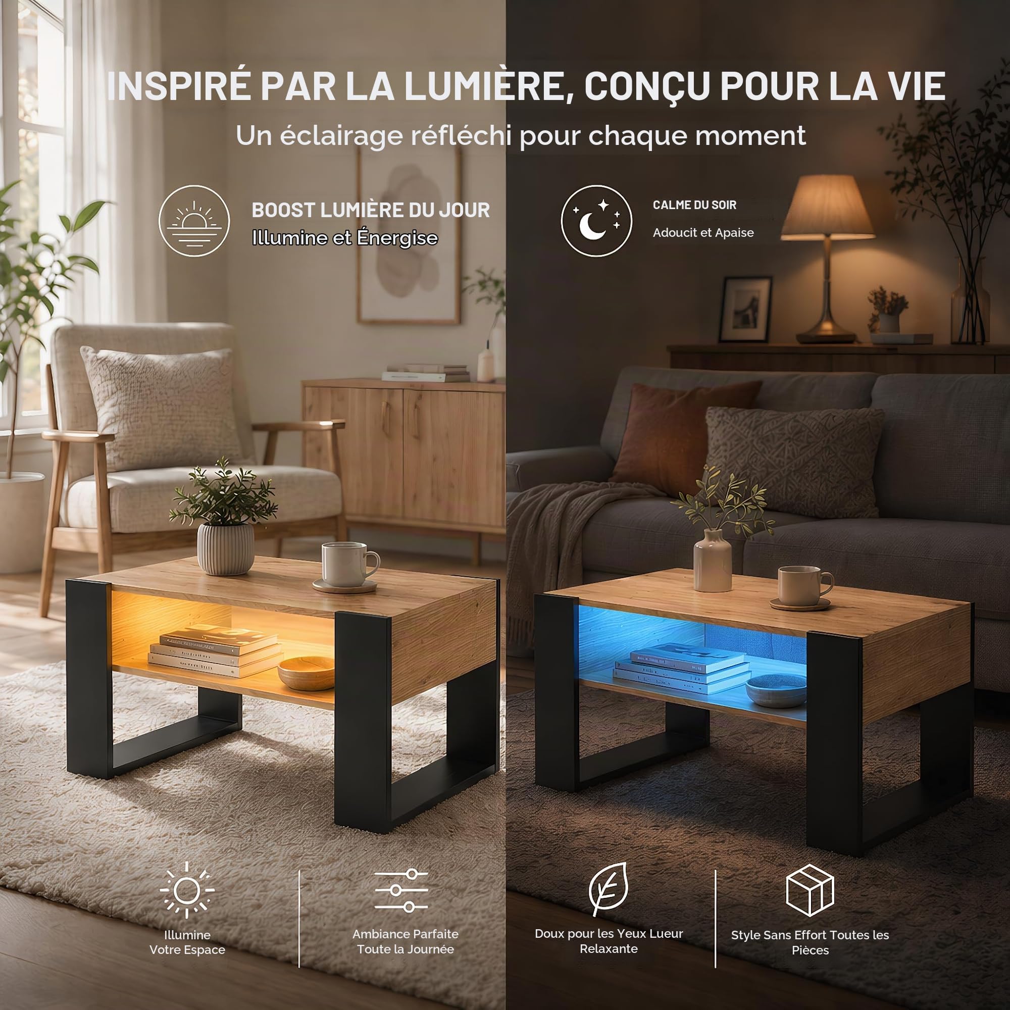 Table Basse avec LED et Rangement, 92 x 47 x 45 cm, Table de Salon Bois, Table de Canapé Moderne avec Pieds en U, Rectangle, Bois et Noir