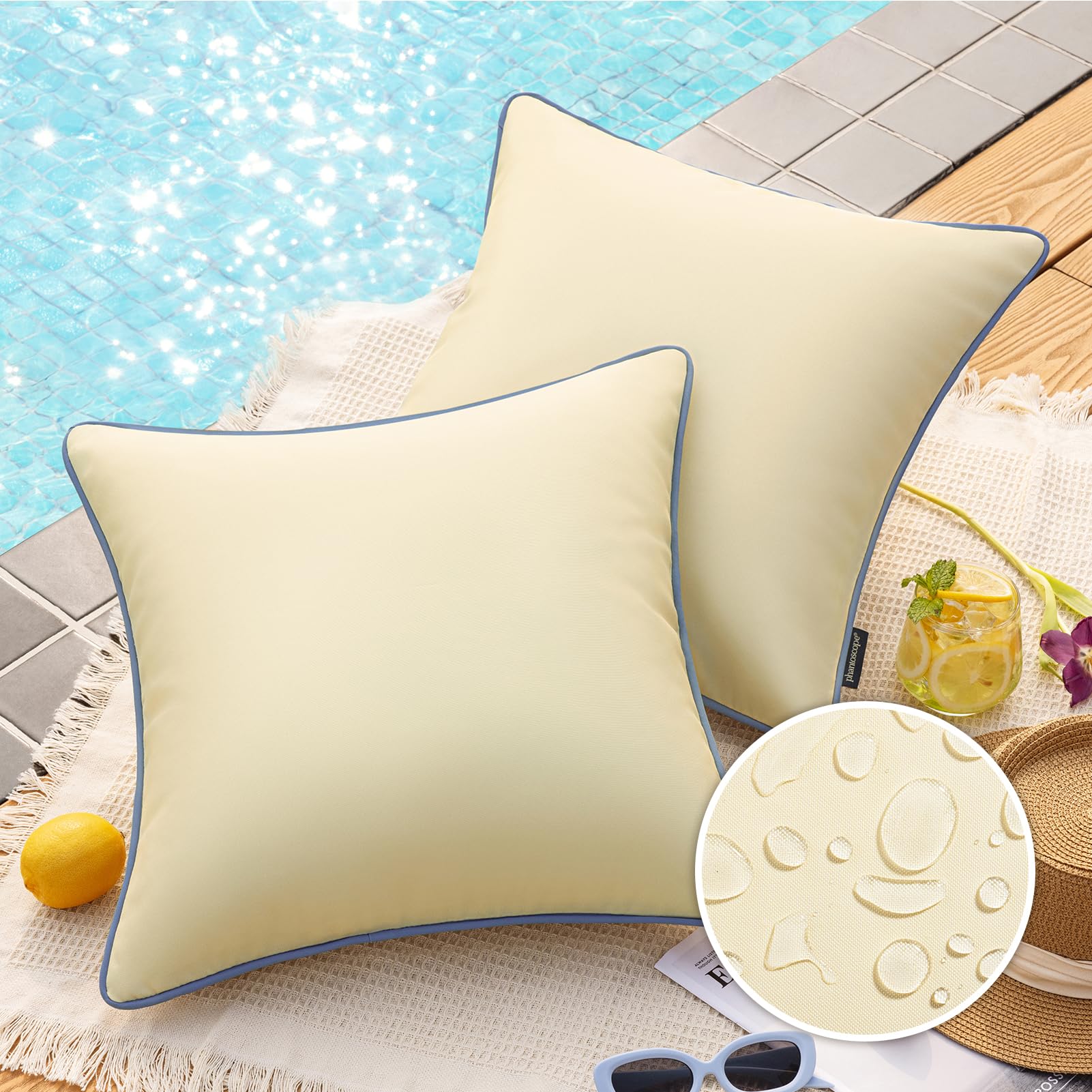 Phantoscope Pack of 2 Outdoor Waterproof Throw Pillow Covers with Contrast Piping, Decorative Square Cushion Case Patio Pillows for Couch Tent, Butter Yellow 18x18 inches — image 1