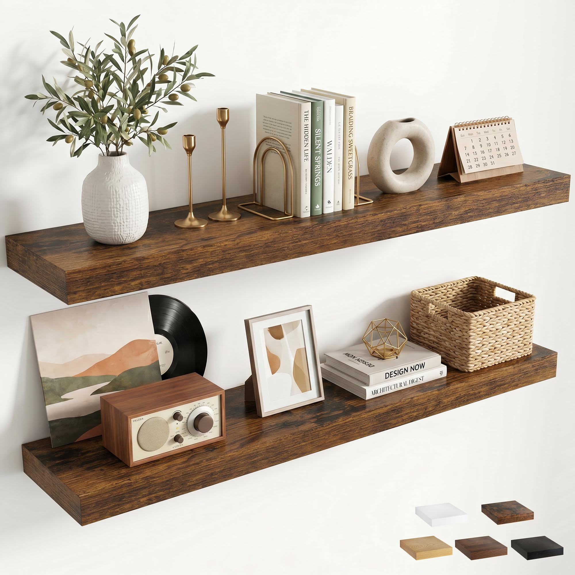 Floating Shelves Pack of 2, 100cm Wall Shelves, Brown Shelves with Robust Iron Assembly, Extra-Deep 19.5cm Floating Shelf for Kitchen, Bedroom, Living Room, Bathroom, Nursery Organizer, Wall Décor