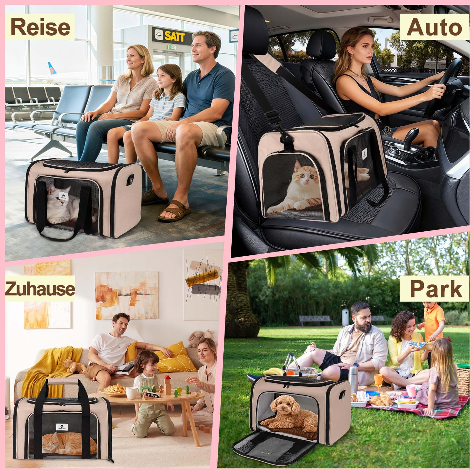 Katzentransportbox, Faltbare Transportbox Katzen und Hunde mit Plüsch-Einlage und Kühlmatte aus Strohgeflecht – für alle Jahreszeiten geeignet, Ideal für Der Gang zum Tierarzt Auto Fugzeug