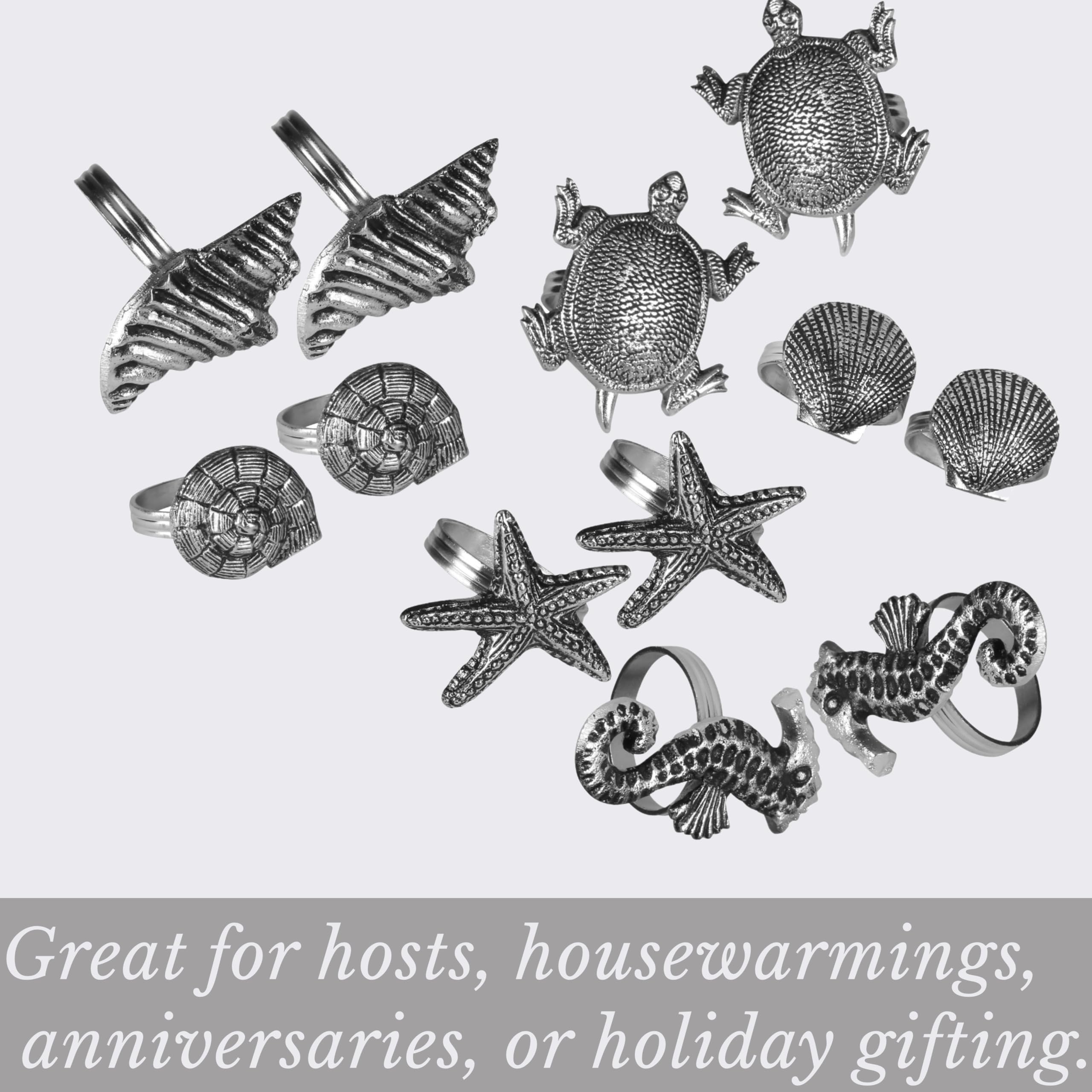 Silver Napkin Rings-12-Piece Set of Premium 100% Metal, Rust-Resistant Tabletop Décor - Antique Coastal Sea Shell Napkin Holdersfor Family Dinner, Wedding, Party, Decorations - ALPHA Living HOME