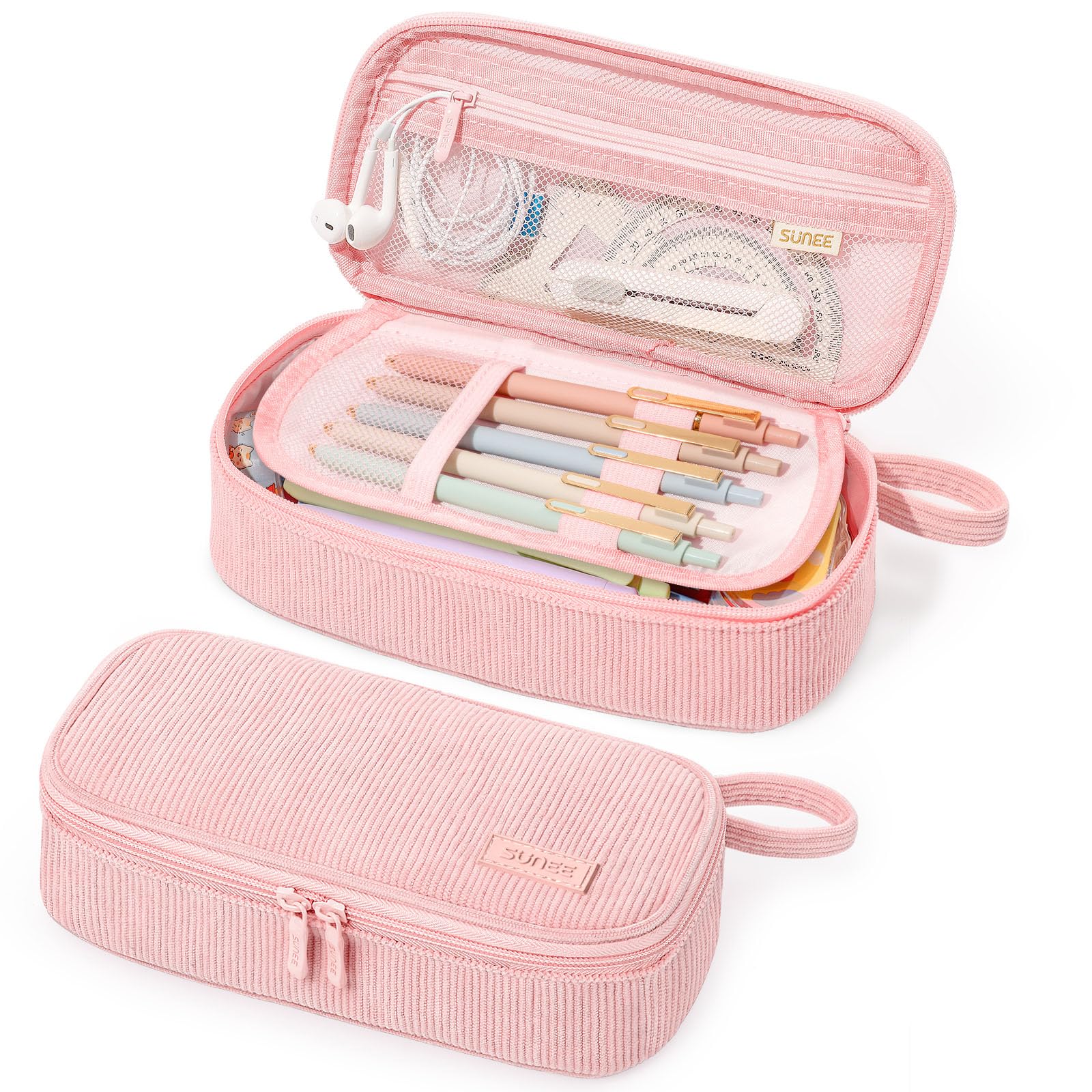 SUNEE Cute Pencil Case, Large Capacity Pencil Pouch Aesthetic Zipper Pencil Bag, Big Storage Pen Organizer for Stationery, Soft Corduroy Pencil Box Back to School Supplies for Teen Girls Boys, Pink
