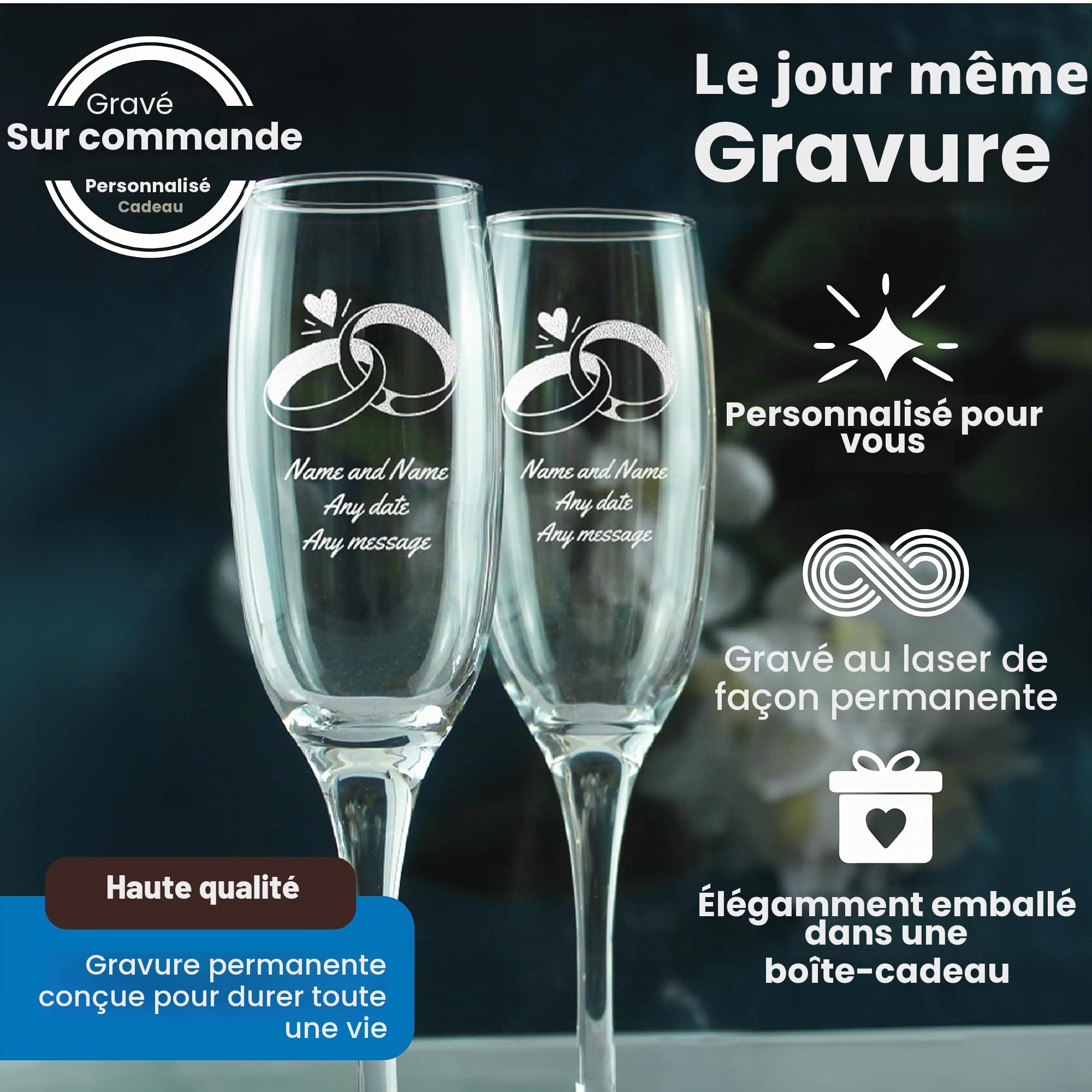 Ensemble de verres à champagne de mariage gravés personnalisés avec n'importe quel message, n'importe quelle date, conception d'alliances, deux verres à champagne personnalisés de 7 oz / 207 ml
