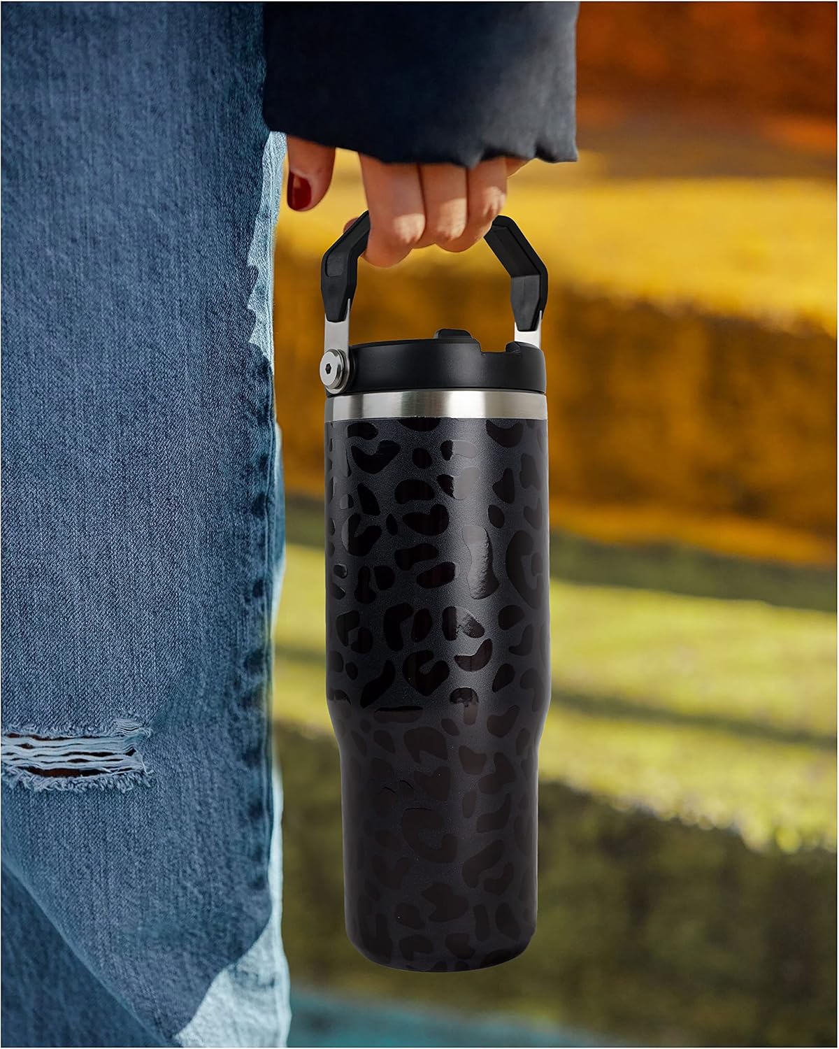 30oz Black Leopard Tumbler with Handle and Straw, Stainless Steel Vacuum Insulated Coffee Tumbler, Travel Mug Water Bottle, Leopard Stuff Accessories Decor Gifts for Women - Image 3