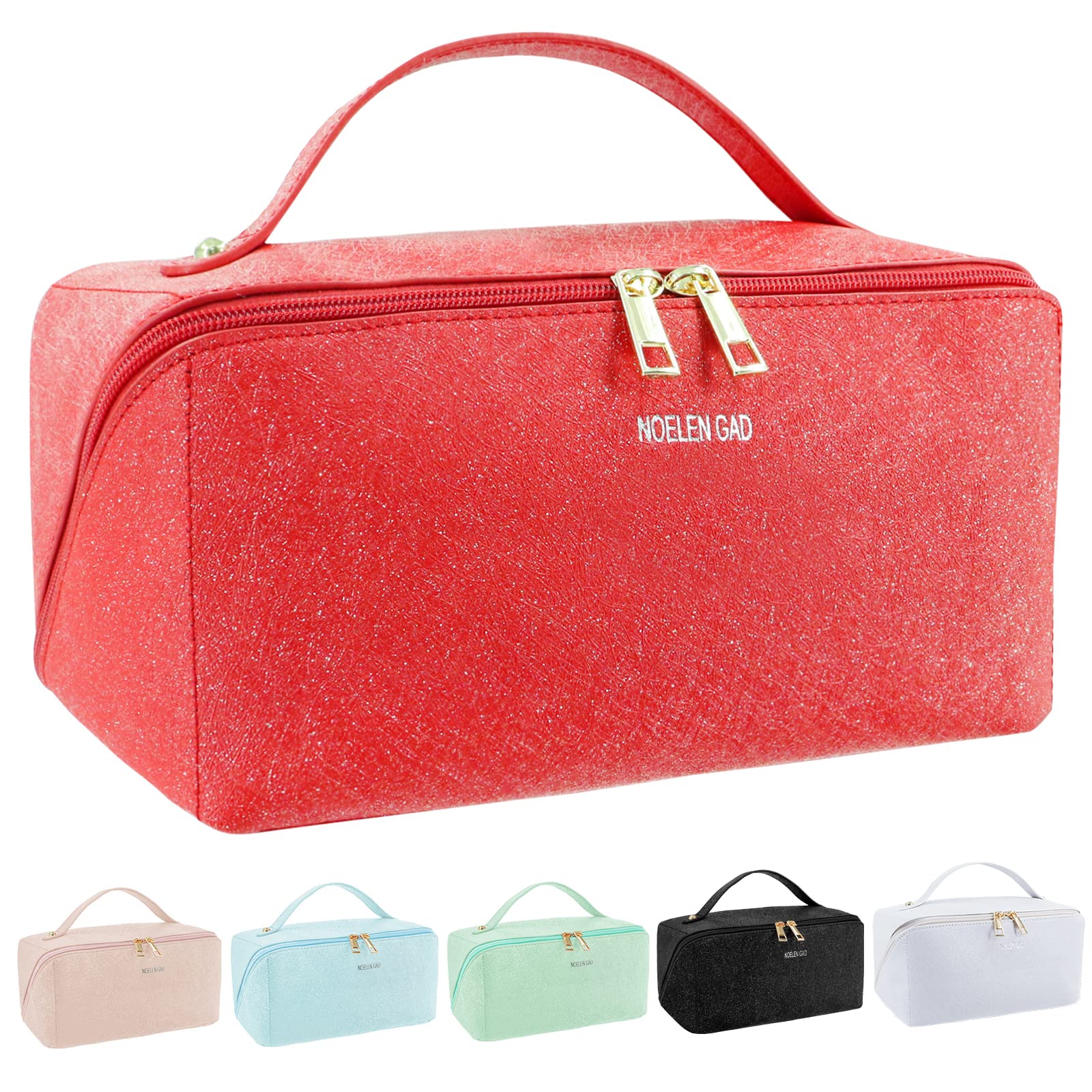 WUSHENG Large Capacity Travel Cosmetic Bag Makeup Travel Bag Waterproof Opens Flat Travel Makeup Bag Portable Leather Makeup Storage Bag, Red, Cosmetic Bag