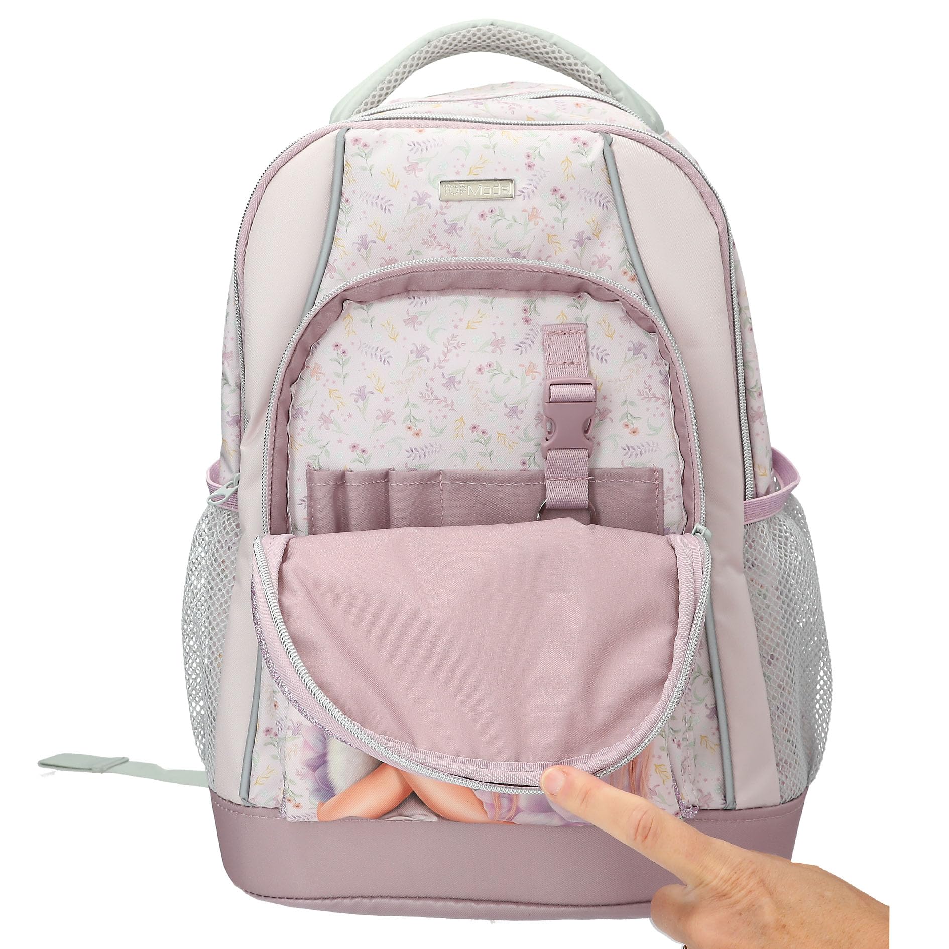Depesche 13959 TOPModel Blooming Kitty - Schulrucksack in Flieder, mit Model-Katze-Motiv und Blumenmuster, Schultasche mit verstellbaren Trägern