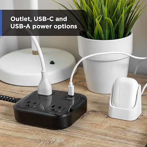 Miniatura 3 de GE UltraPro - Protector SurGE de 3 salidas con USB, 245 julios, 1 puerto USB-A y 1 puerto USB-C, cable de extensión trenzado de 4 pies, enchufe