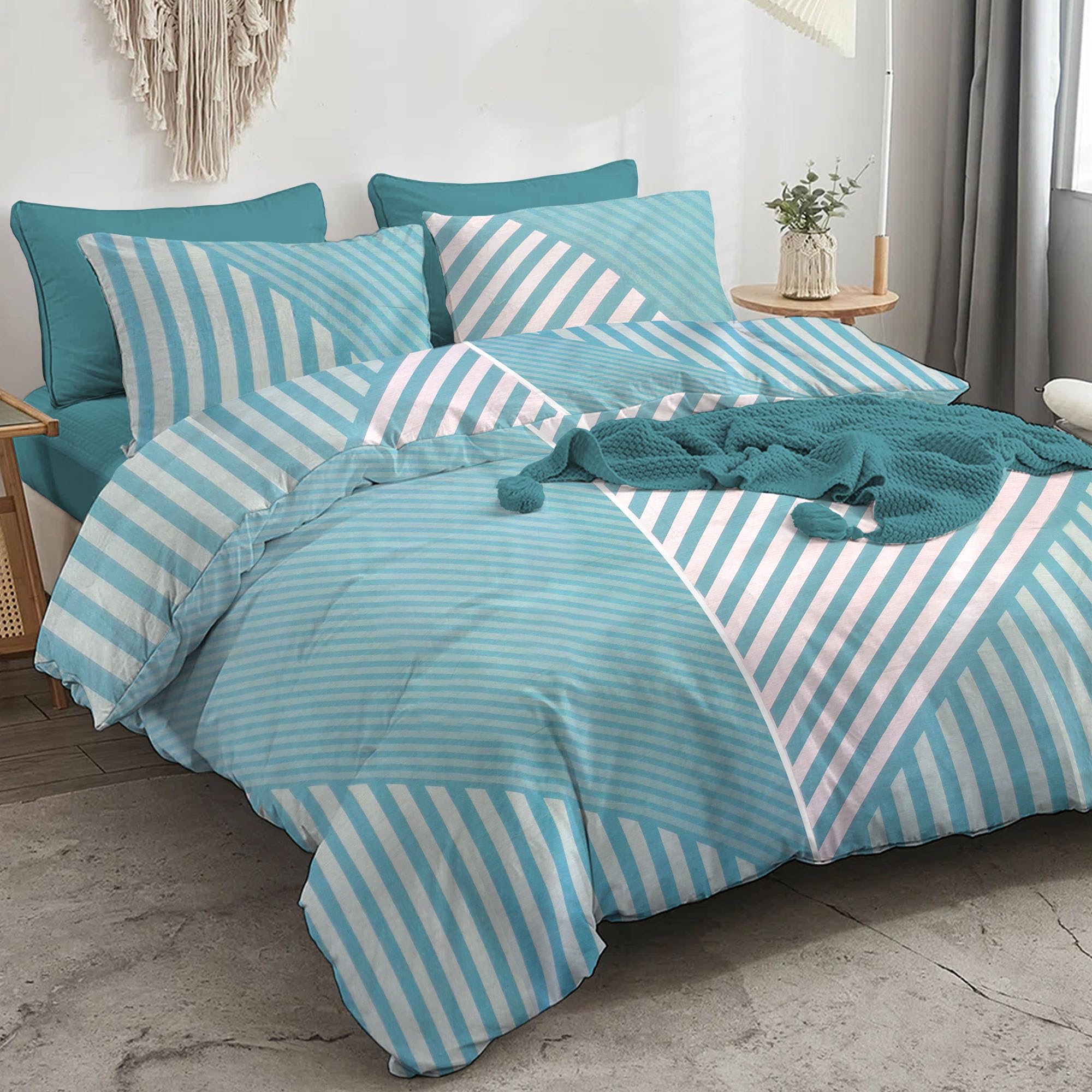 Generic Warp and Weft - Luxurious Bedding Collection: King Size Cotton Bed sheets, Floral Designs, and Cozy cotton bedsheets for King Size Beds - Broad lines blue (250x270 CM)