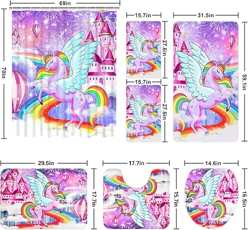 Miniatura 7 de Alishomtll Juego de 7 cortinas de ducha de unicornio para niñas con alfombras y toallas, incluye funda para tapa de inodoro, tapete de baño y