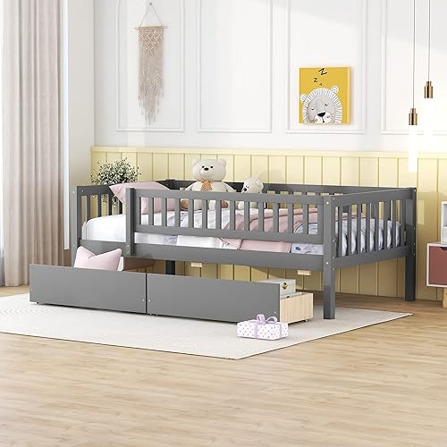 Miniatura 3 de DEINPPA Cama individual con cajones, sofá cama para niños con almacenamiento, marco de cama de madera con listones para niños y niñas, color gris