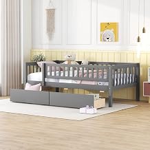 Twin Size Wood Daybed, Mid Century Wood Sofa Bed with Two Drawers and Solid Wood Slats, Wood Daybed Frame with Cushion for Living Room Bedroom, No Spring Box Need