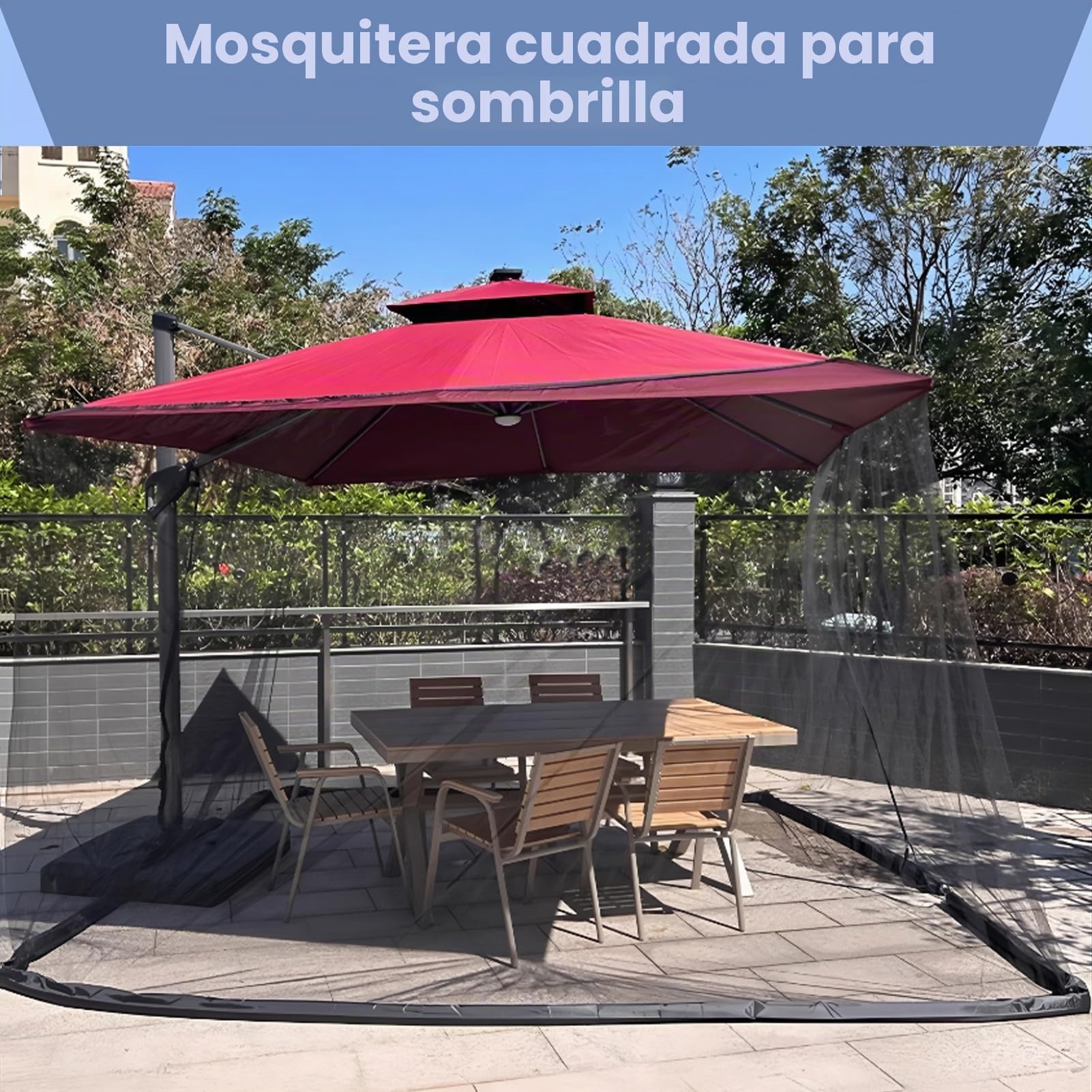 Mosquitera cuadrada para paraguas, red de paraguas de patio, mosquitera a prueba de viento con cremallera, cordón ajustable y base rellenable de agua para paraguas cuadrados, toldos de hierro