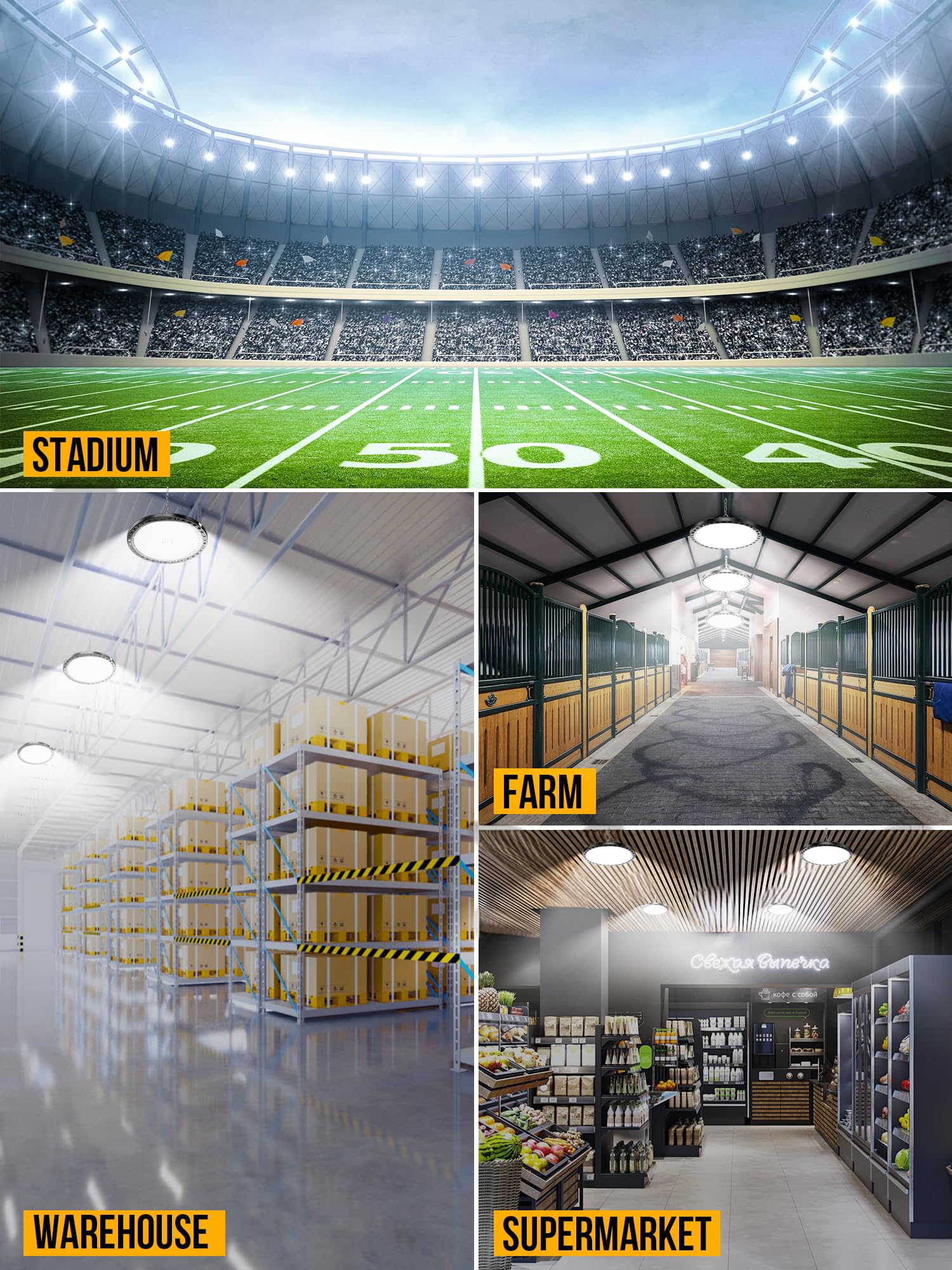 Faretto LED 200W 4 Pezzi, 20000LM UFO Lampada da Officina Industriale, 7000K Bianco Freddo Lampada da Garage, IP65 Impermeabile Faro LED, Plafoniera per Garage Magazzini Fabbrica Palestra