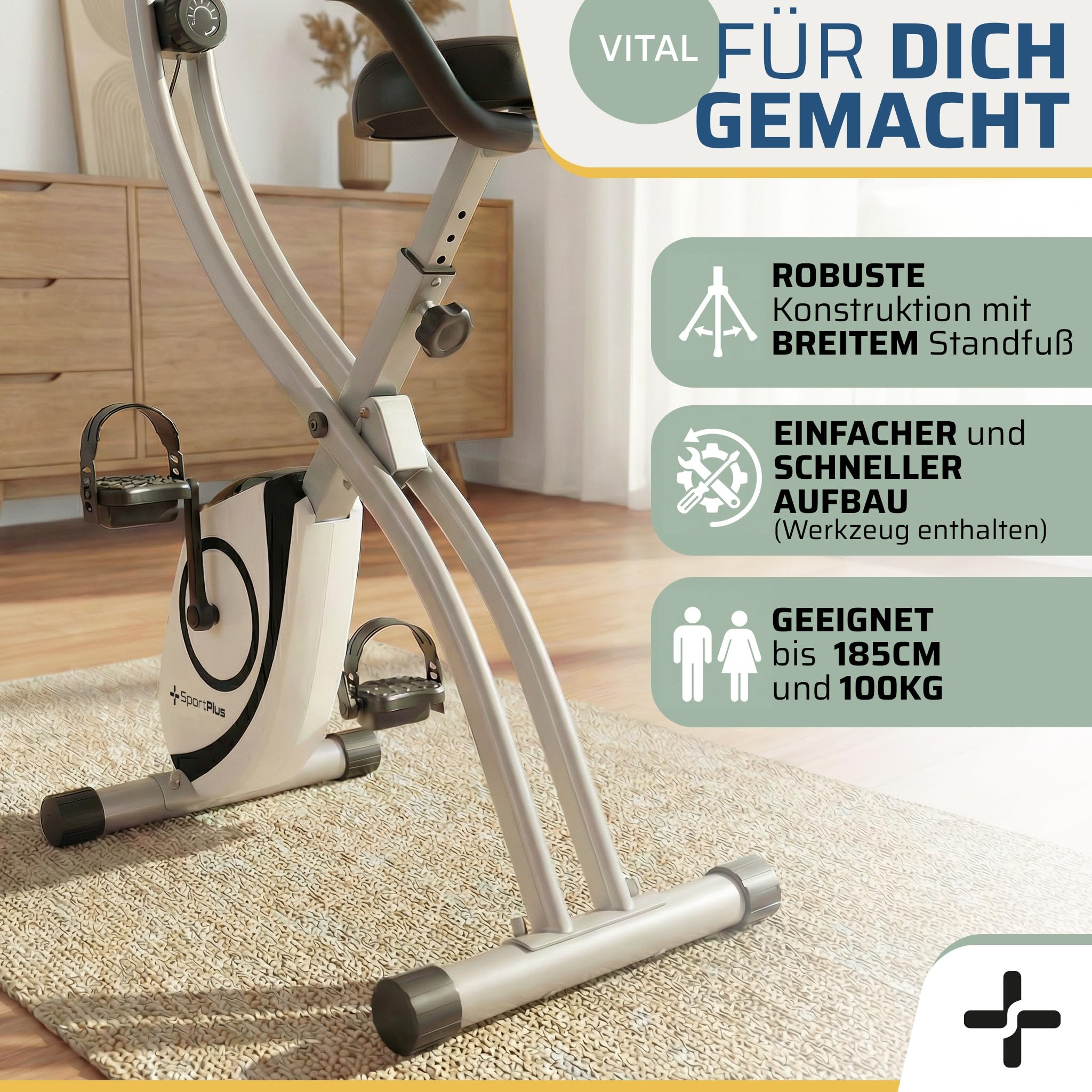 SportPlus Heimtrainer Fahrrad klappbar - Hometrainer Fahrrad klappbar - extra leiser Hometrainer für zuhause - Faltbares Fitnessbike - Ergometer Heimtrainer mit Rückenlehne