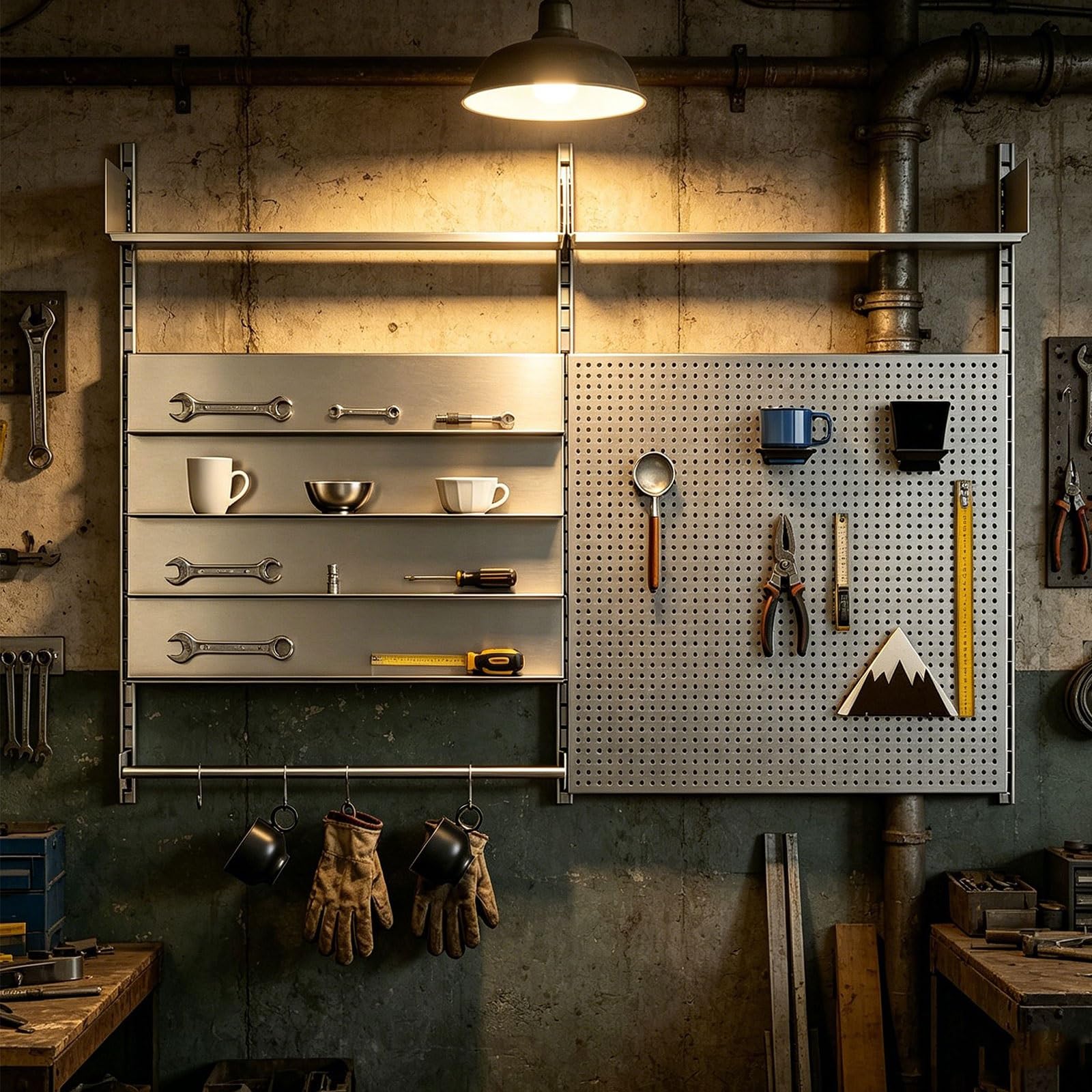 Panel Perforado Herramientas Pared Acero Inoxidable Metal Organizador Pared Oficina Altura de Estantes Ajustable Ahorro de Espacio Pegboard Organizer Kit Capacidad de Carga De 50Kg por Estante