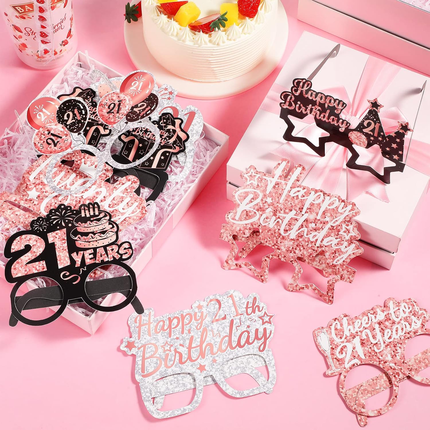 Lenwen 36 Pcs 21st Birthday Paper Eyeglasses Decoration for Her 21 Rose Gold Pink Happy 21st Sunglasses Funny Photo Booth Props Supplies for Women 21 Year Old Party Gifts Favors Decors