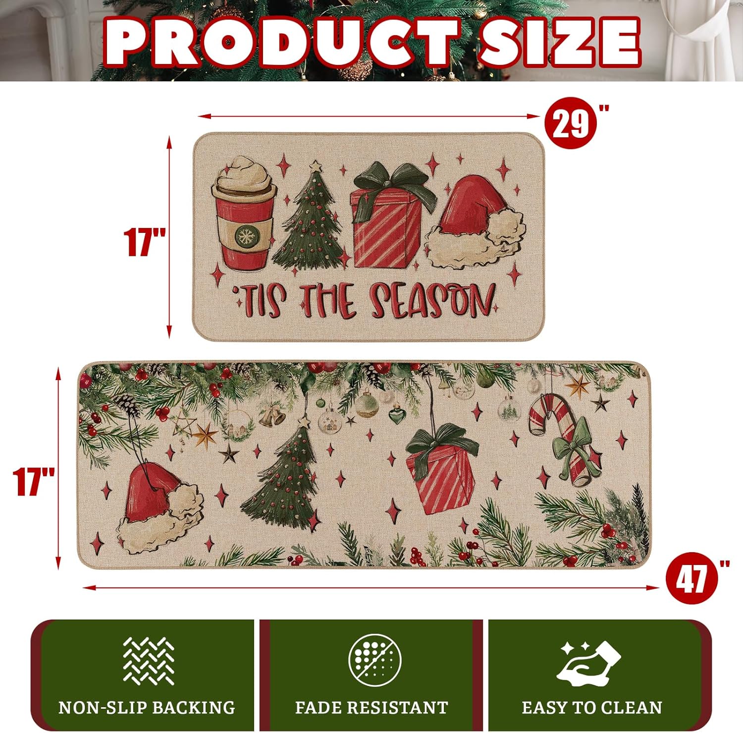 Moutina Tis The Season Holly Leaves Christmas Kitchen Rugs Set of 2, Winter Xmas Holiday Home Decor Low-Profile Kitchen Mats for Floor - 17x29 and 17x47 Inch