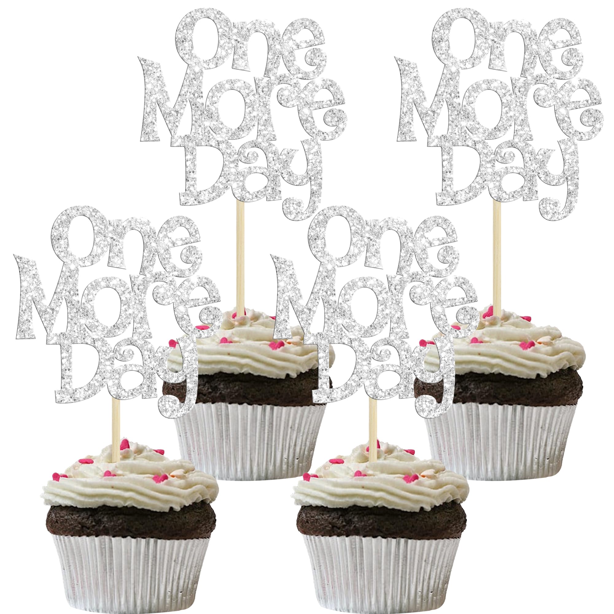 Gyufise 30Pcs One More Day Cupcake Toppers Glitter Wedding Rehearsal Dinner Cupcake Picks Decoration for Wedding Countdown Theme Party Cake Decorations Supplies Silver