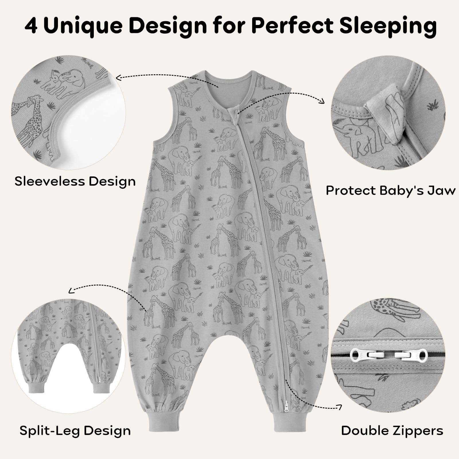 Unnivoll Sacco nanna con piedi, 0,5 Tog, sacco nanna estivo per bambini, in cotone, con gambe, morbido, 100 cm, per ragazzi e ragazze, beige, grigio, elefanti