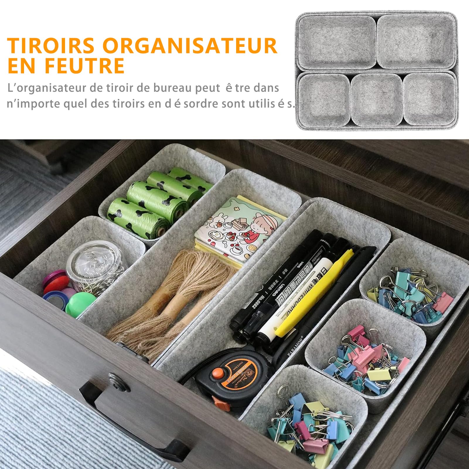 Lot De 7 Organisateurs Tiroirs En Feutre Empilables - 3 Tailles Modulables Pour Rangement Cuisine, Salle De Bain, Bureau, Sous-vêtements - Gris Clair