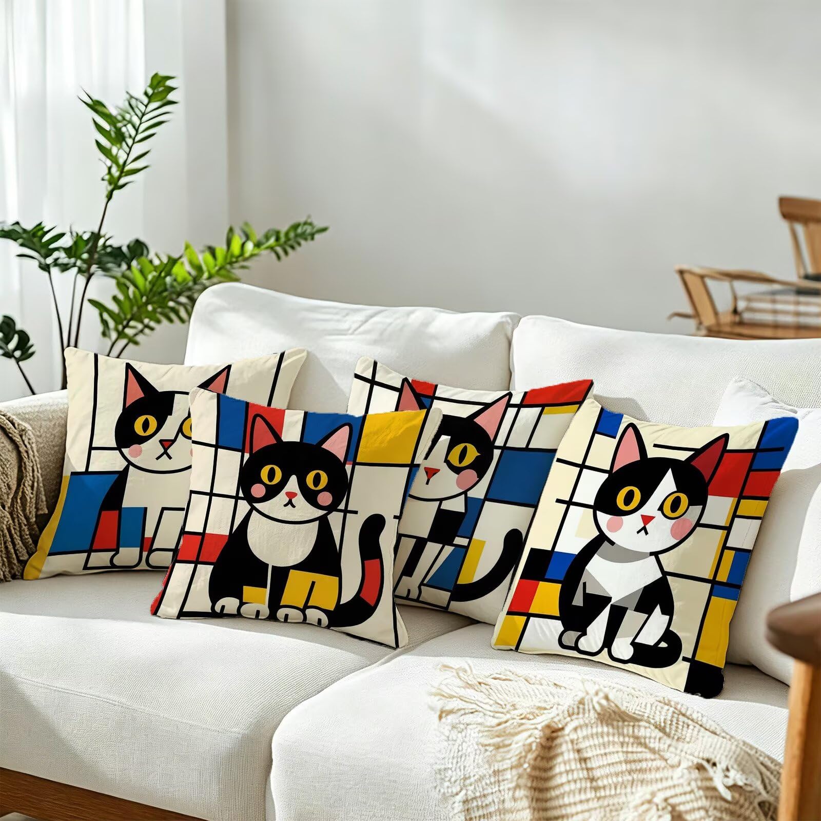 Animale Federe Cuscini Divano 60x60cm, Cuscini da Esterno, Cod-126 | Lin Copricuscini Decorativi Letto Arredo, per Letto, Soggiorno, Giardino, Esterno, Casa Decorazione Set di 4 Gatto