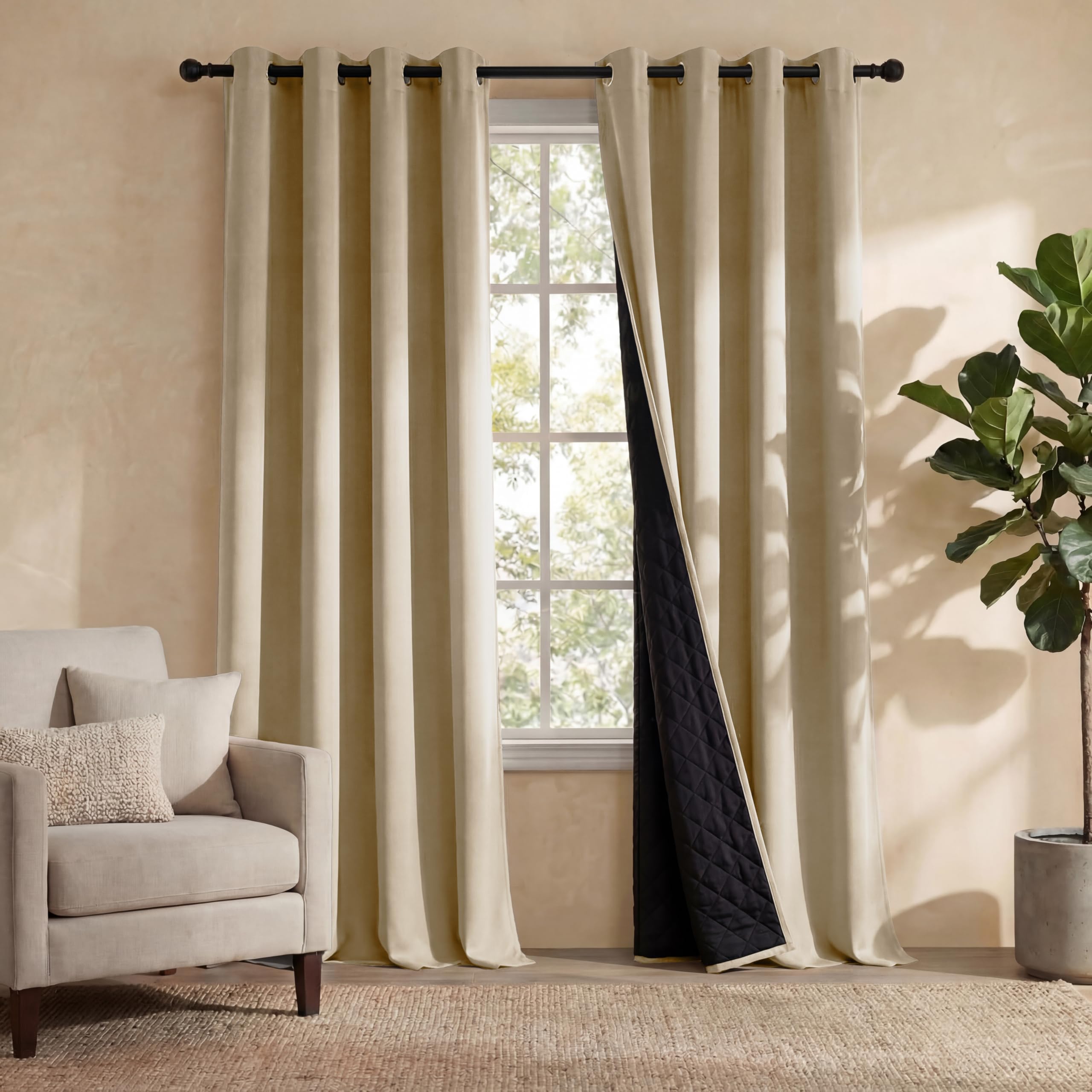 PONY DANCE Zasłony termoizolacyjne do wnętrz 2 sztuki szer. 140 x wys. 220 cm podwójna warstwa zasłony zaciemniające do sypialni z pierścieniami Blackout Curtains do salonu, beżowy