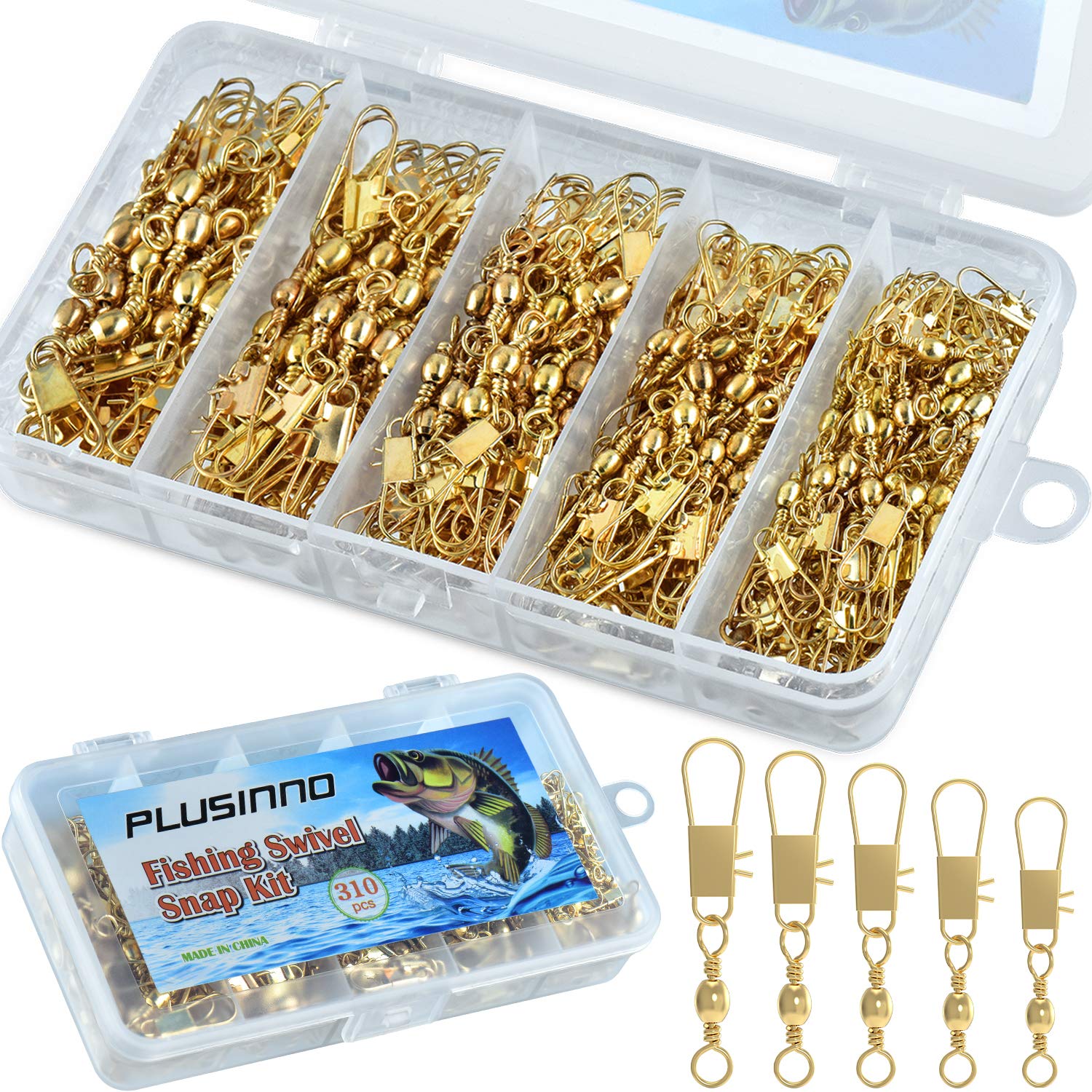 PLUSINNO 310Pcs Fishing Swivels with Safety Snap Connector, High Strength Corrosion Resistance Stainless Steel Copper Barrel Swivel, Saltwater Freshwater Swivels Fishing Tackle Kit