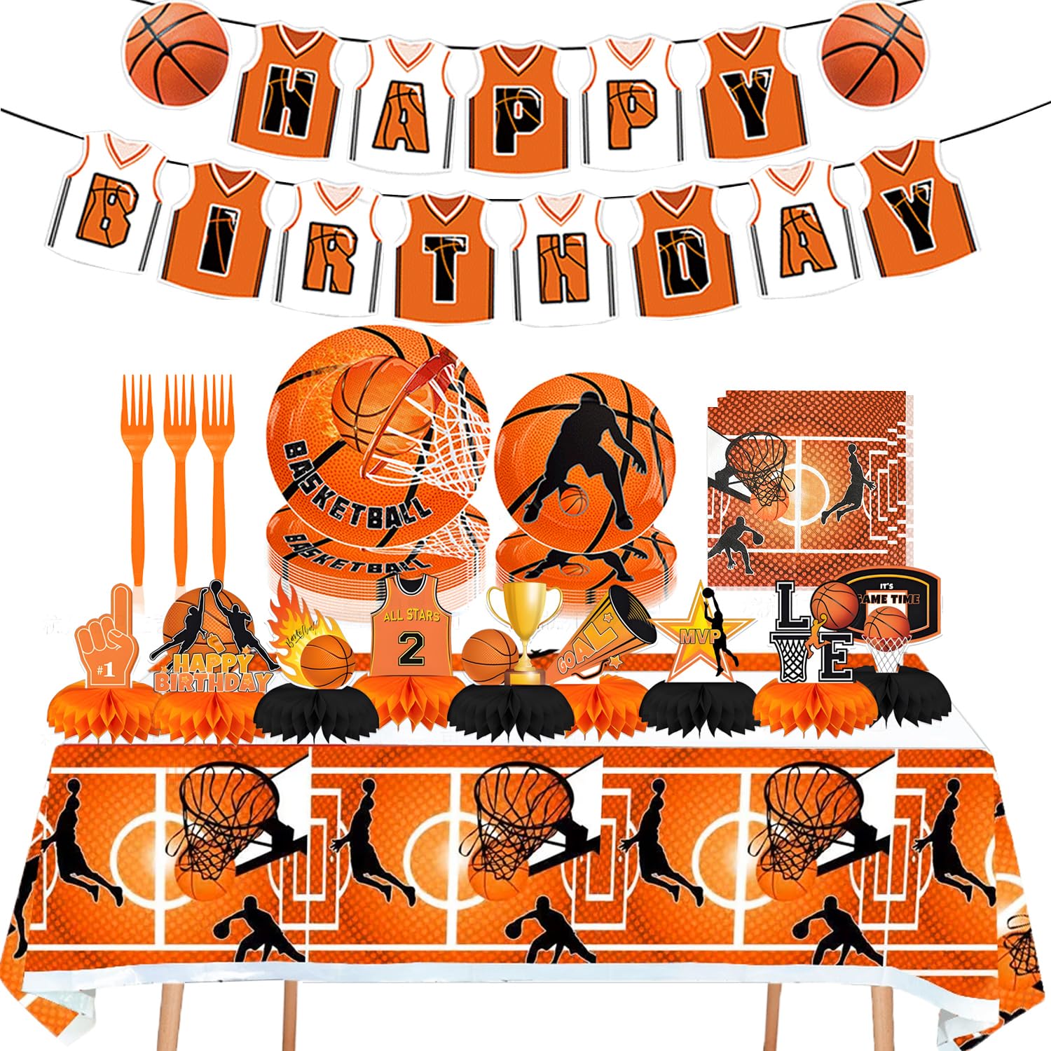 Basketball Party Supplies, Basketball Birthday Party Decorations Tableware Set,Include Honeycomb Centerpieces Table Decoration and Napkins,Cups,Plates
