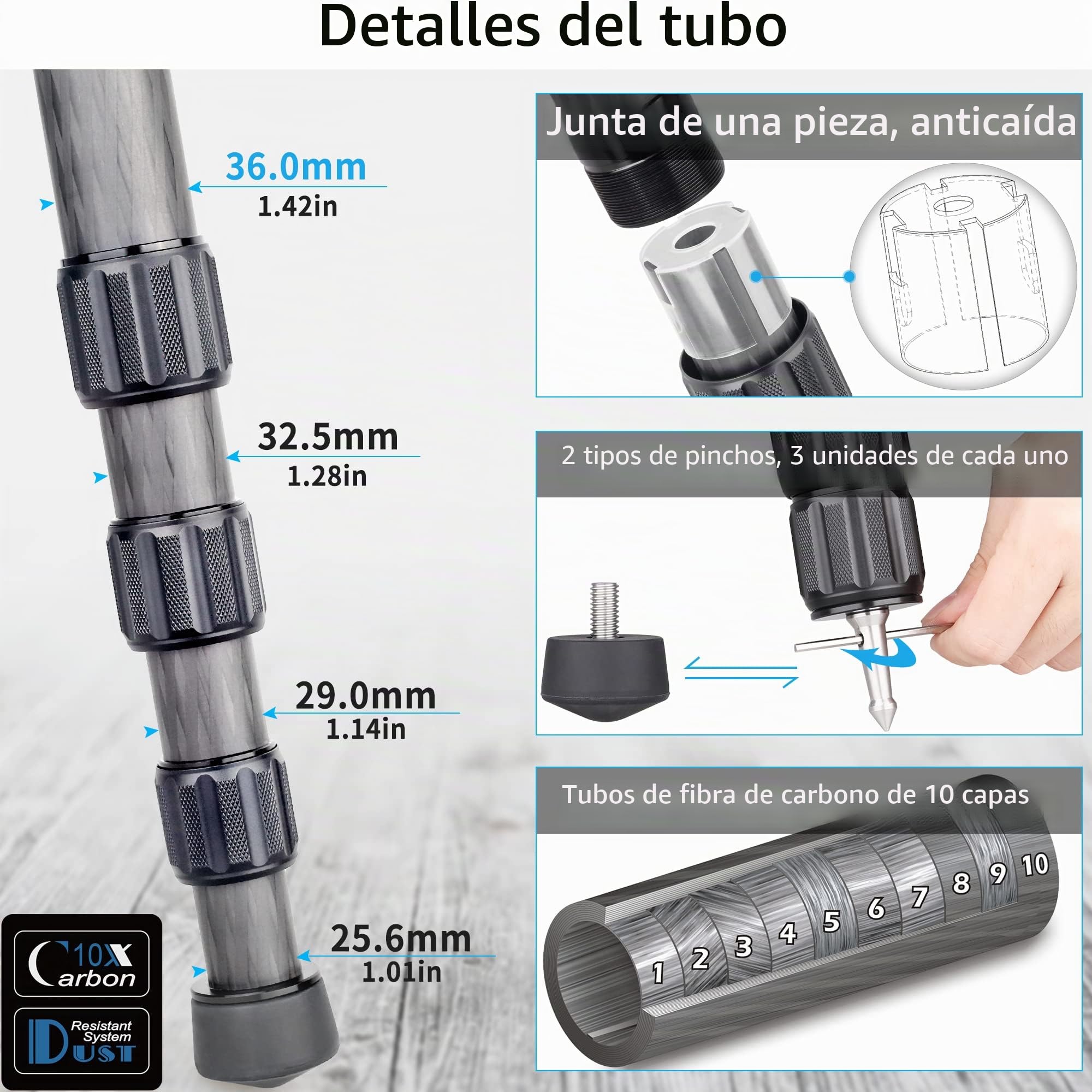 INNOREL LT364C Sistemático Trípode Fibra Carbono Fotografía Profesional 160cm/63pulgadas, 4 Secciones, Carga Máxima 35kg, Tubo Máximo φ36mm, con Bolsa/Adaptador para Tazón 75mm(Trípode+Adaptador)