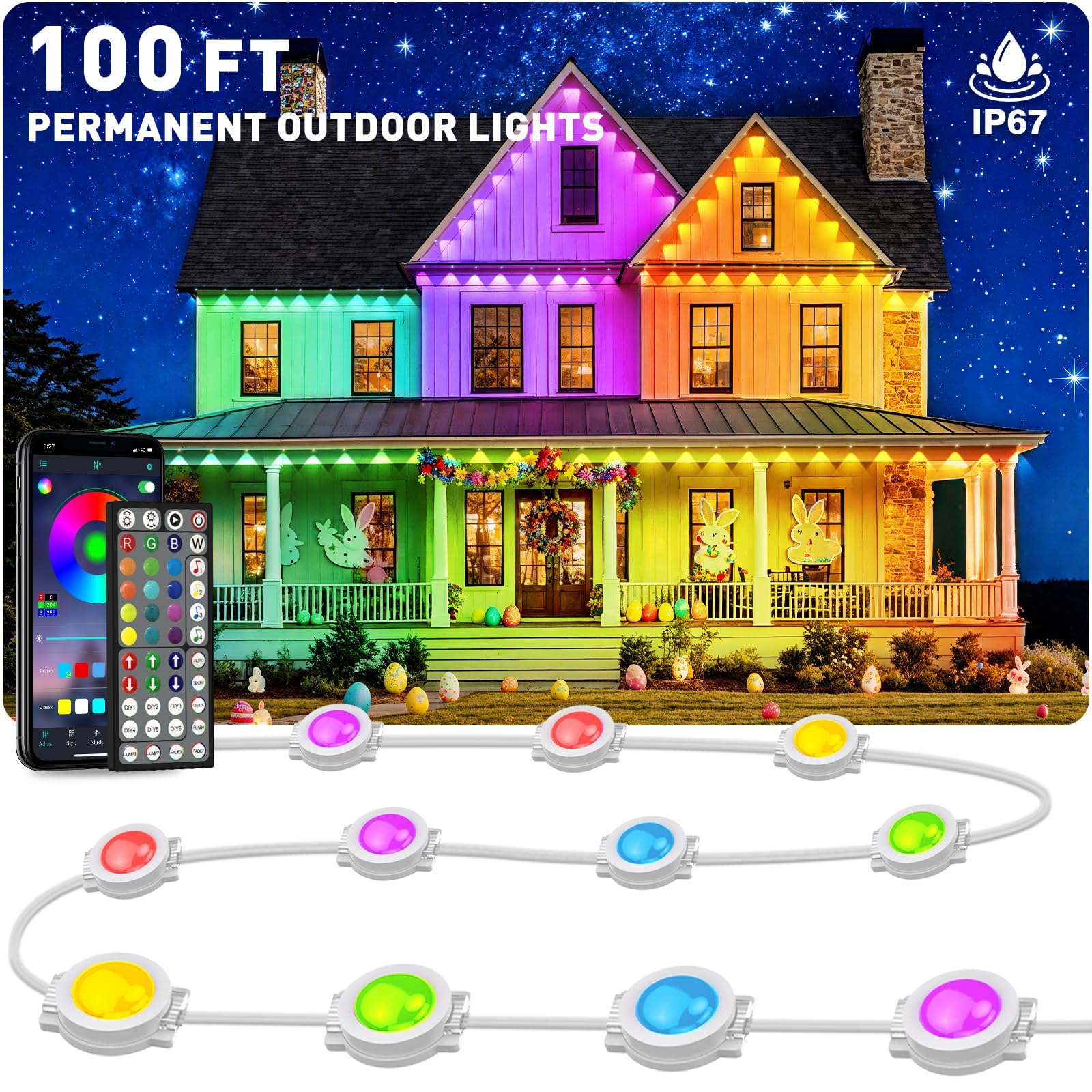 Photo 1 of INZIDOL 100FT Permanent Outdoor Lights, IP67 Waterproof for House Roof, Holiday, Party, Daily Lighting, Smart RGB Outdoor Lights with Remote APP Control & DIY Scenes