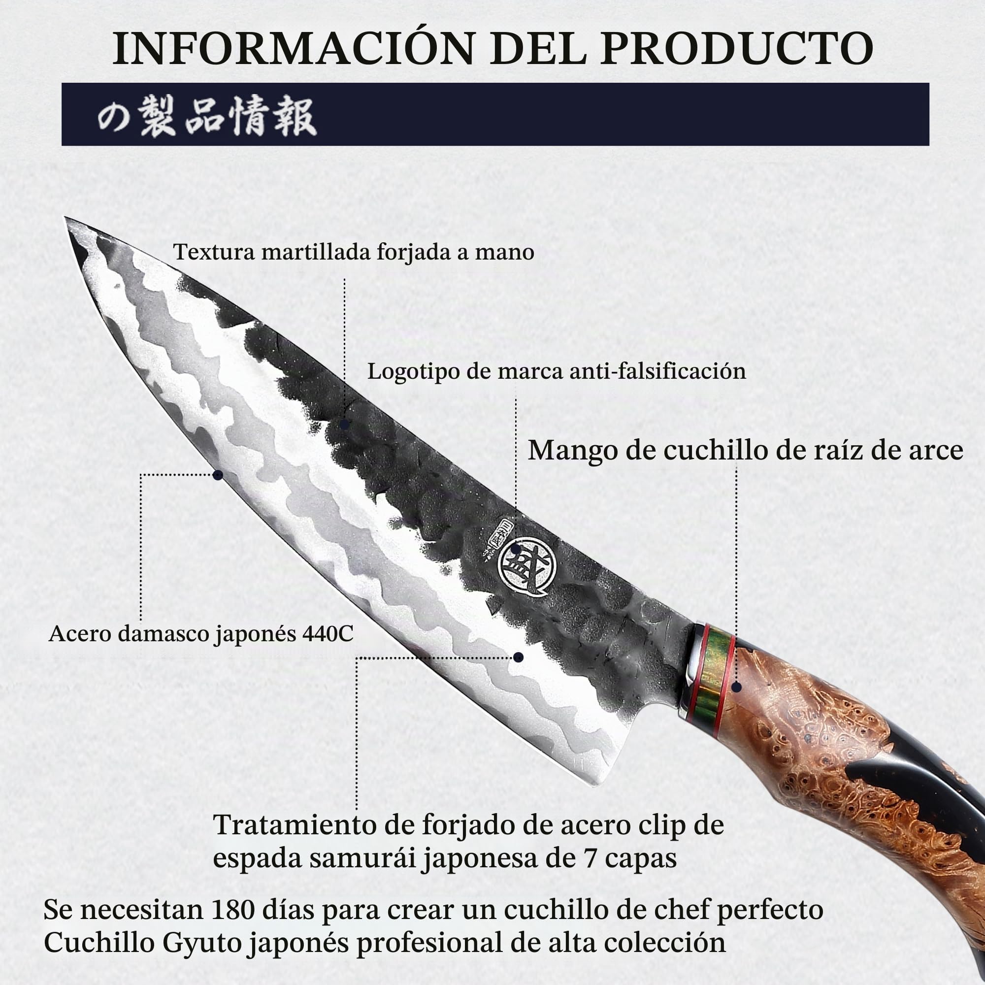 MITSUMOTO SAKARI Cuchillos Japoneses Forjados a Mano, 20 cm 440C Gyuto | Cuchillos Cocina Damasco, Cuchillo Chef, Cuchillos Gyuto Arte Avanzado, Mango de Madera de Arce, Caja de Regalo