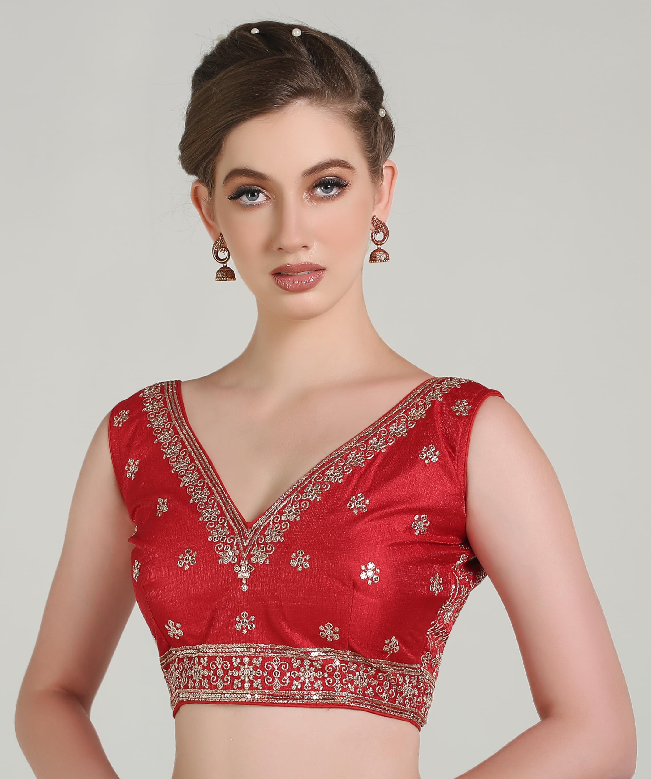 Pujia Mills Women's Indian Ethnic Wear Designer Golden Zari With Embroidery Sequence Work V Neck Sleeveless Readymadeback Side Worked Saree Blouse Readymade Red Blouse Lehenga Choli