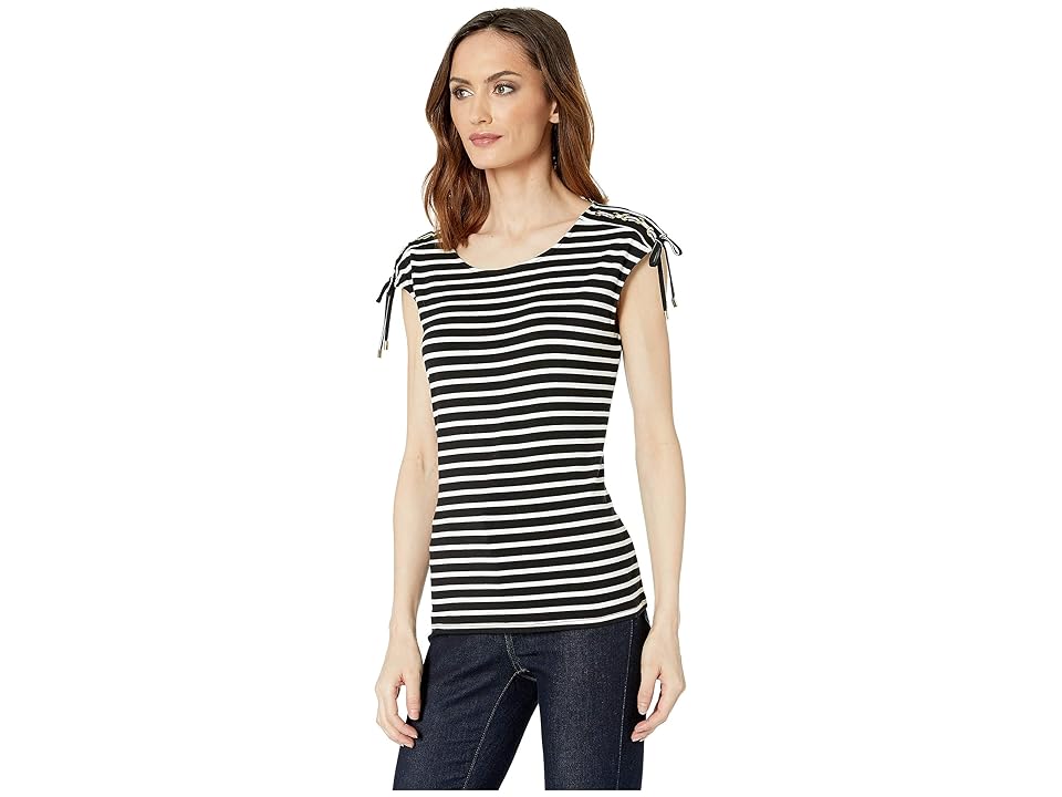 

Calvin Klein Striped Tie Shoulder Top (Black/White Stripe) Women's Clothing