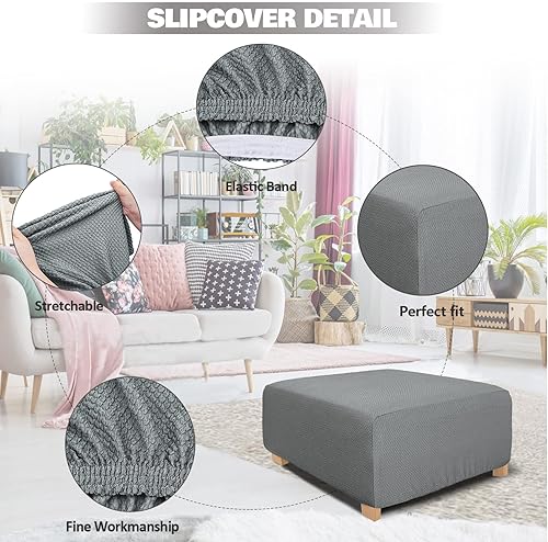 Miniatura 2 de NeColorLife Funda otomana cuadrada de tela jacquard, funda otomana gruesa y elástica para reposapiés otomana cuadrada y rectangular de gran tamaño,