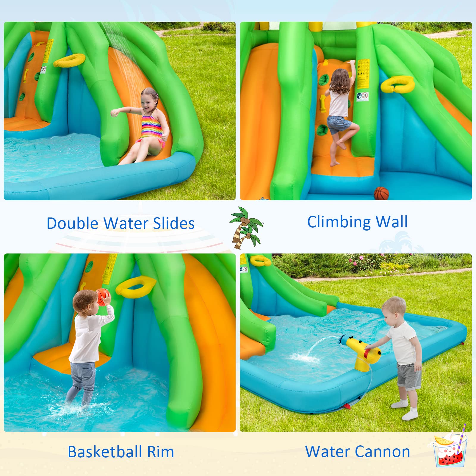 Close-up images showing children using the double water slides, climbing wall, basketball rim, and water cannon features of the inflatable water park.