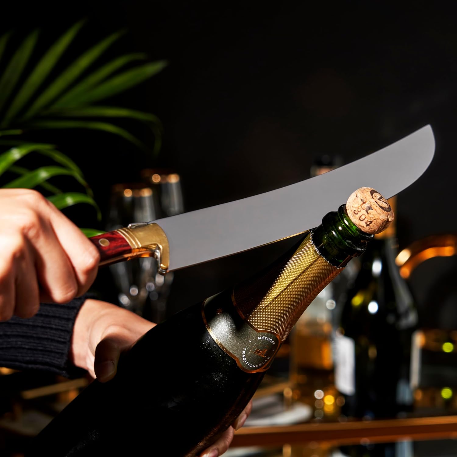 Viski Champagne Saber Sword in Wooden Box, Curved Stainless Steel Blade and Wood Handle, Elegant Home Bar Tool for Celebrations, Weddings, Parties, and Housewarming Gifts, Set of 1 image 4