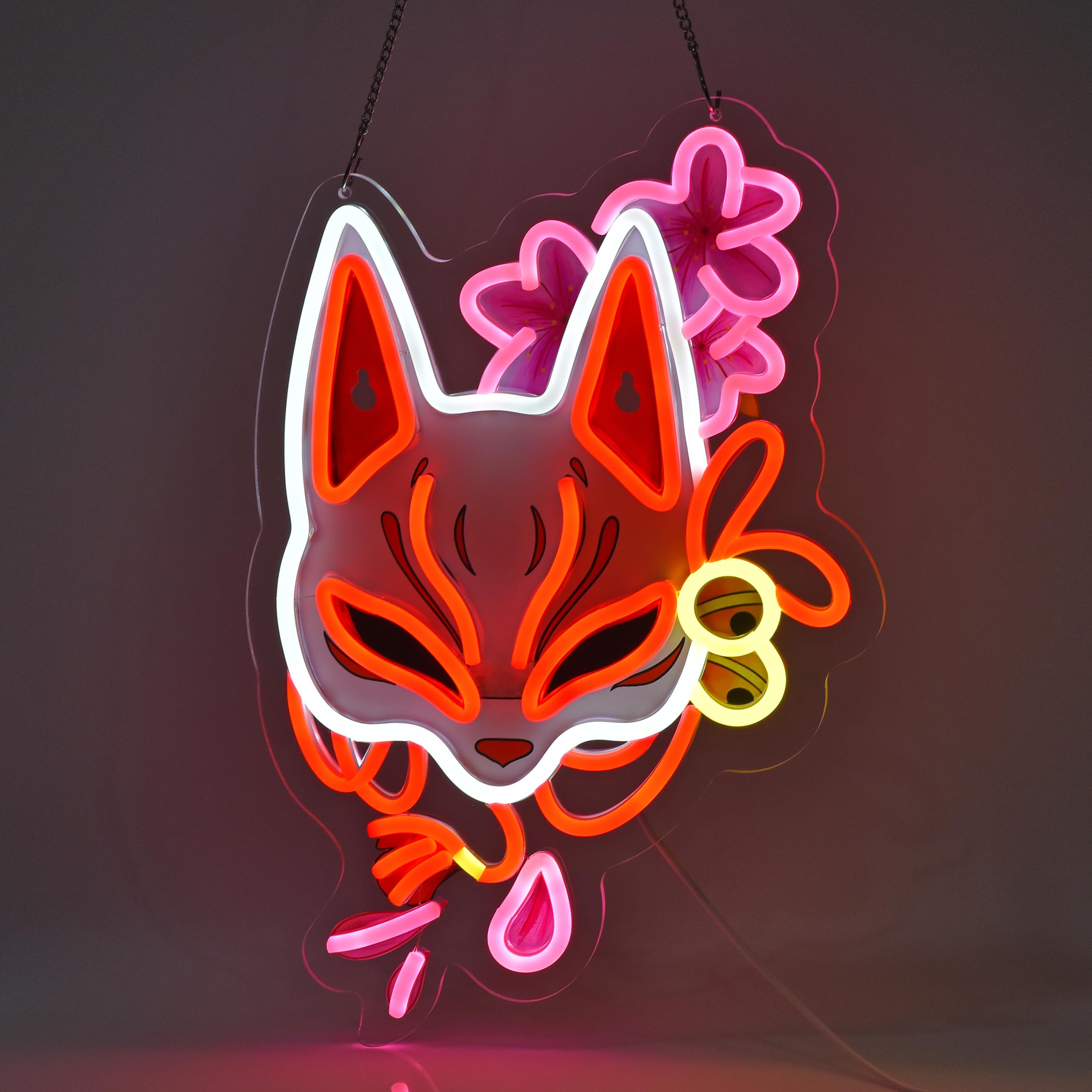JULHOVR Fox Mask きつねめん Neon Sign, Neon Lights Hanging Wall Art Decoration for Japanese Restaturant Shop Bar Market Bakeries Café Celebration Home Decor, USB Powered Ultra Bright Dimmable,16.14×