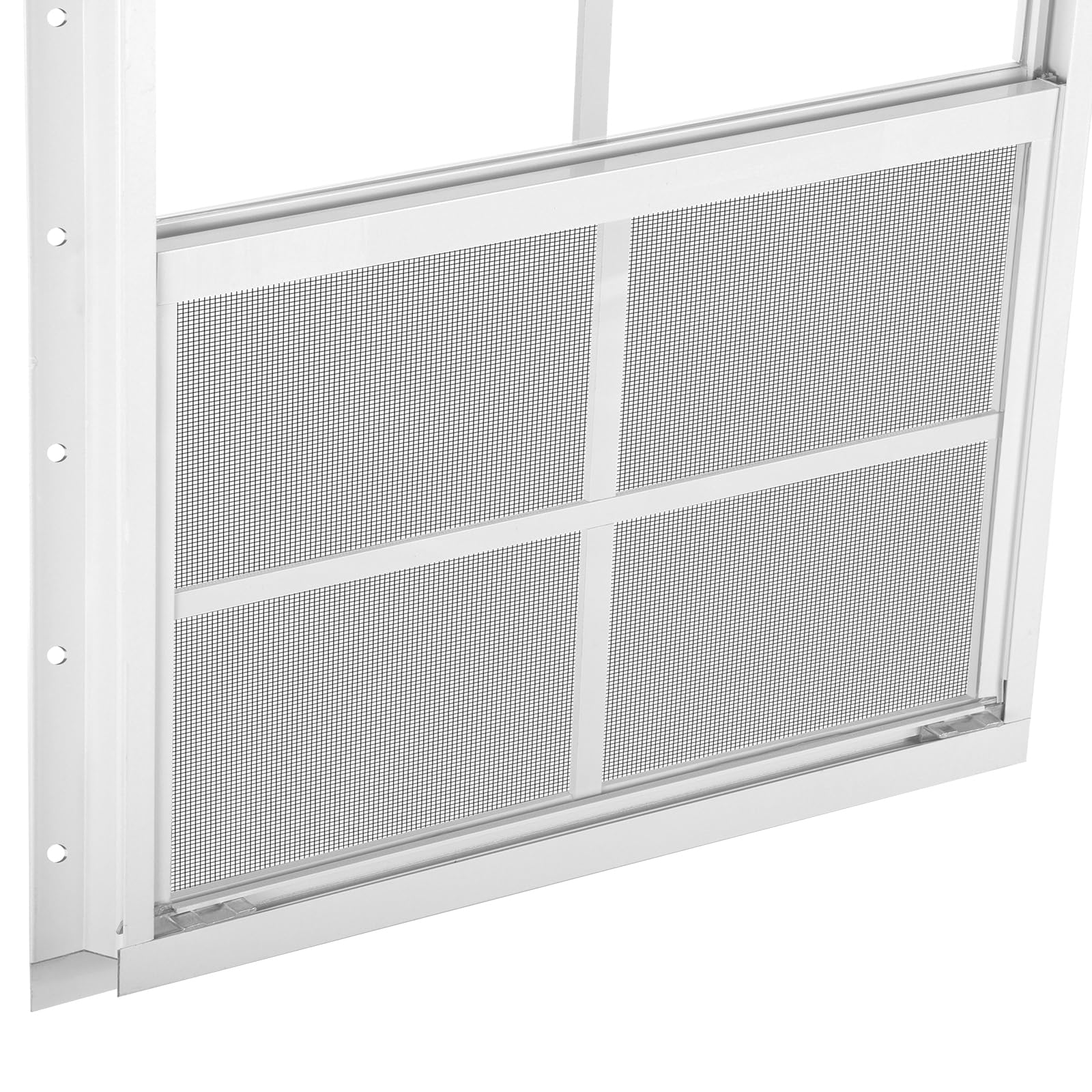2 Stück Schuppenfenster, 61 x 68 cm (B x H), Weiß, bündig montiertes Fenster mit gehärtetem Glas und abnehmbarem Bildschirm für Spielhäuser, Schuppen, Garage und Hühnerställe