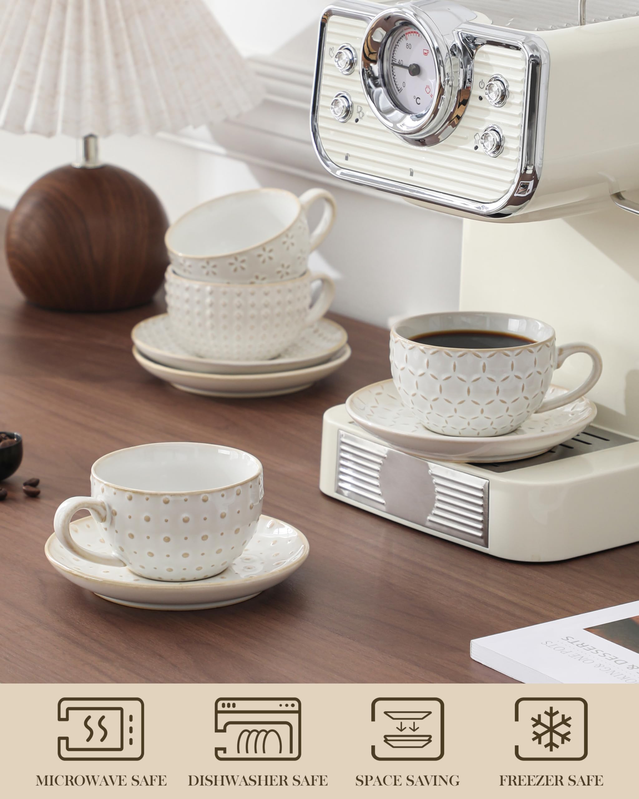 MALACASA Serie LYDIA, Set di 4 Tazze da Caffe per 4 Persone, 180 ml Set Tazzine Caffè Impilabile con Piattino, Ideale per Espresso, Cappuccino, Latte, Moka e Tè, Disegno in Rilievo