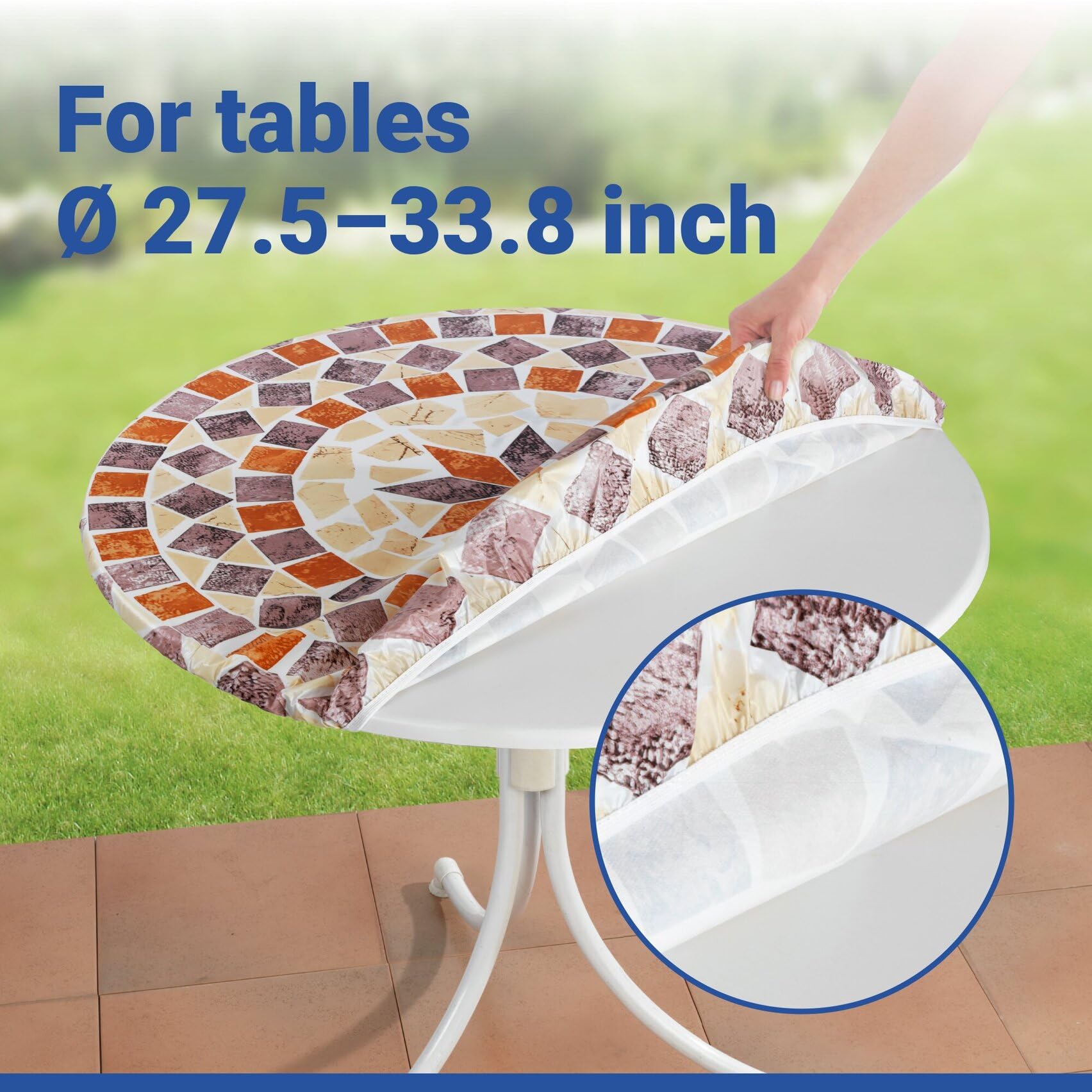 Maximex Mantel redondo con borde elástico, Ø 70 - 86 cm, motivo mediterráneo, mantel lavable y ajustable, resistente a la intemperie y a los rayos UV, para jardín, balcón y camping, plástico