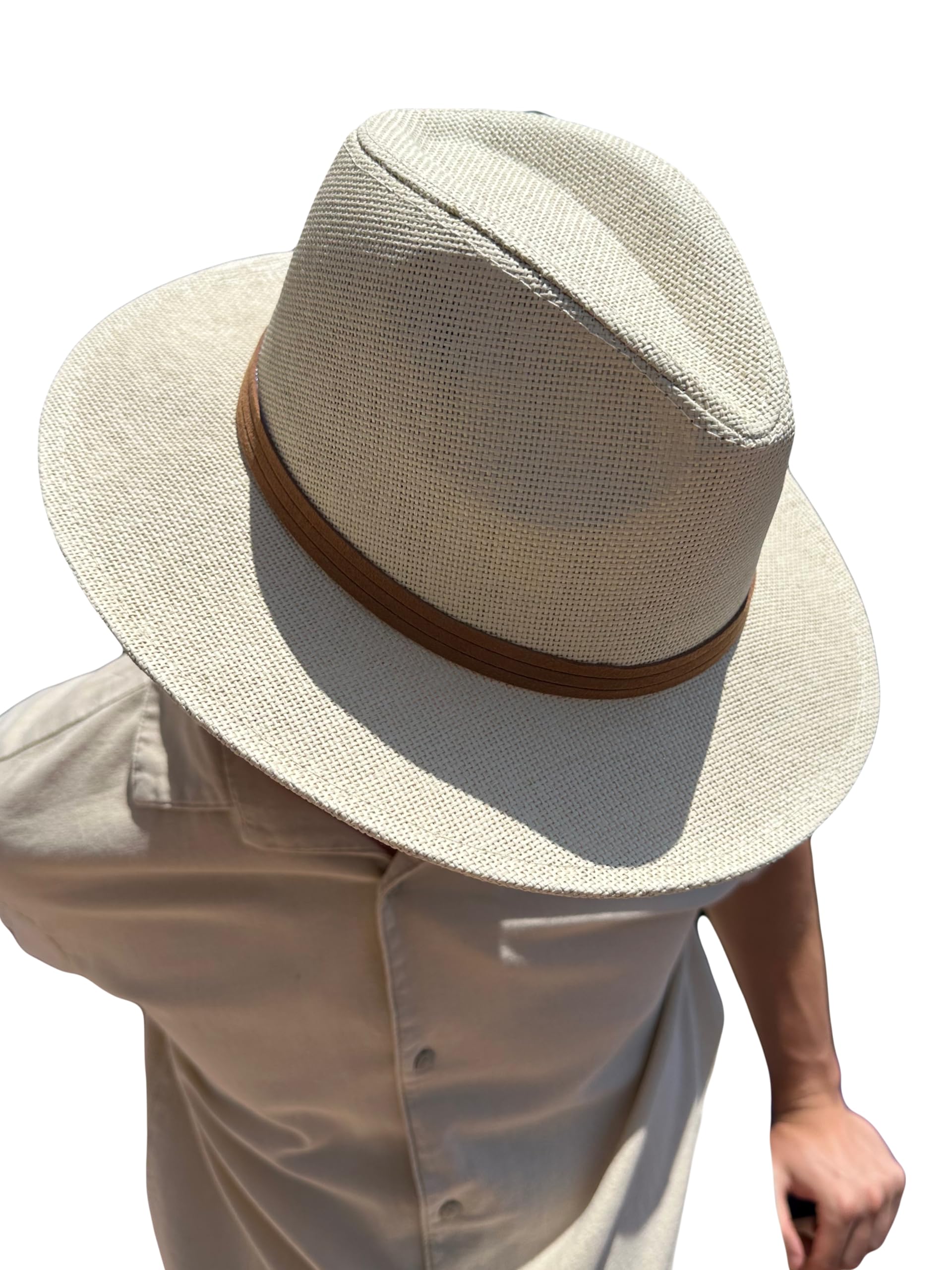 MIGURA Sombrero Blanco Hombre De Paja Protección Solar Panama Pamela Playa Verano Esparto Gorra para Sol Visera Enrollable con Tira Ajustable Marrón Piel
