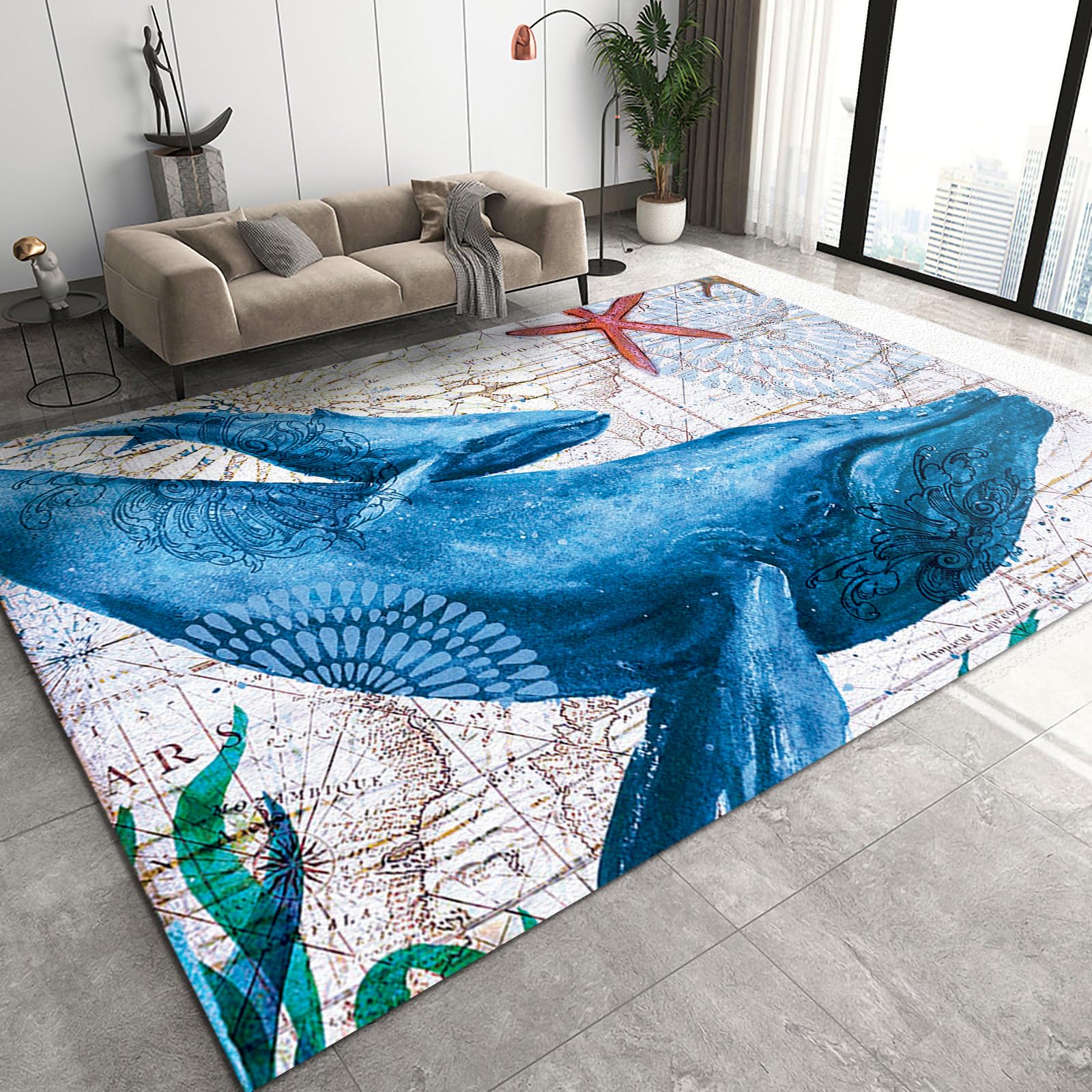 QDJKBL Area Rugs 150 x 240 cm Navy Blue Whale Animal Area Rugs, Retro Children'S Black and White Underwater World Apartment Carpet, Rugs for Living Room Comfortable Feet for Kitchen Dining Room