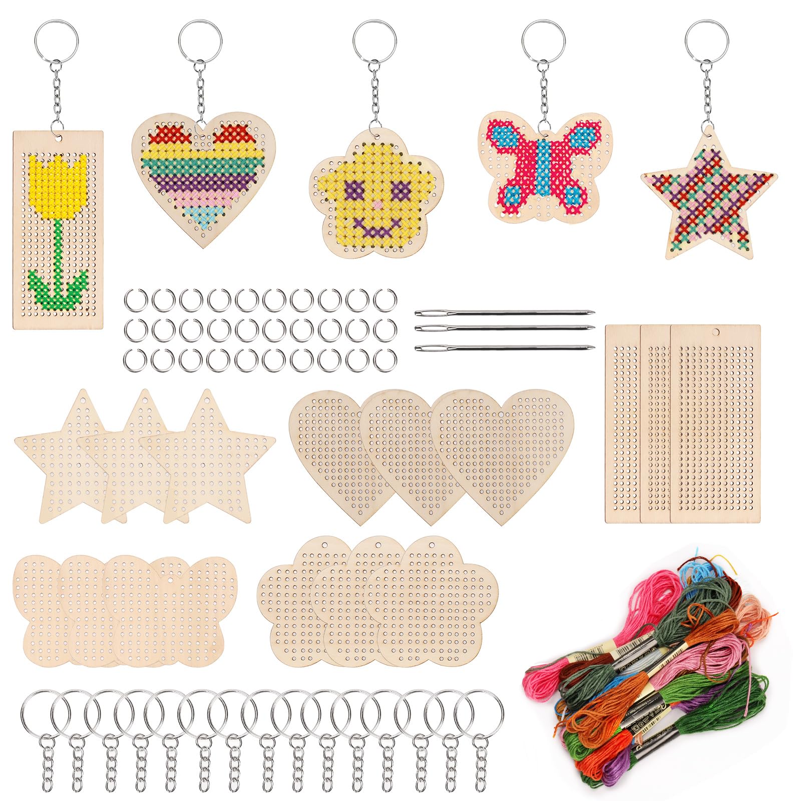Swpeet 78Pcs 5 Shapes Wooden Cross Stitch with Keychain, Jump Ring, Thread and Needles Assortment Kit, Wood Sewing Kit for Beginners, Crafts Needle Embroidery Kit for DIY Hanging Decor Gift